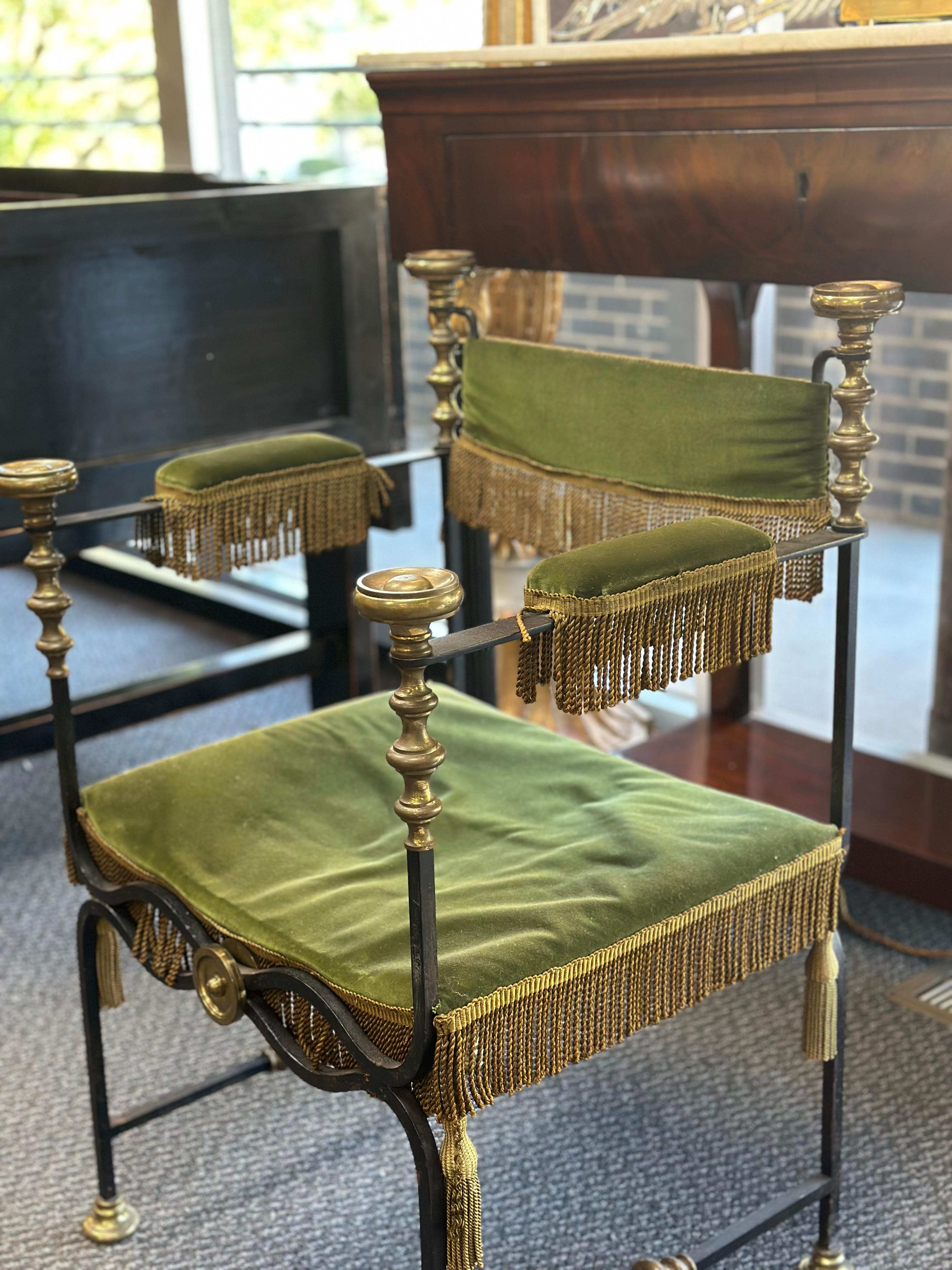 Iron armchair from Spain c1810 with super chic green velvet fabric and gold fringe in great condition. Perfect sitting beside a modern console or if you are looking for a stand alone piece for an entrance. 