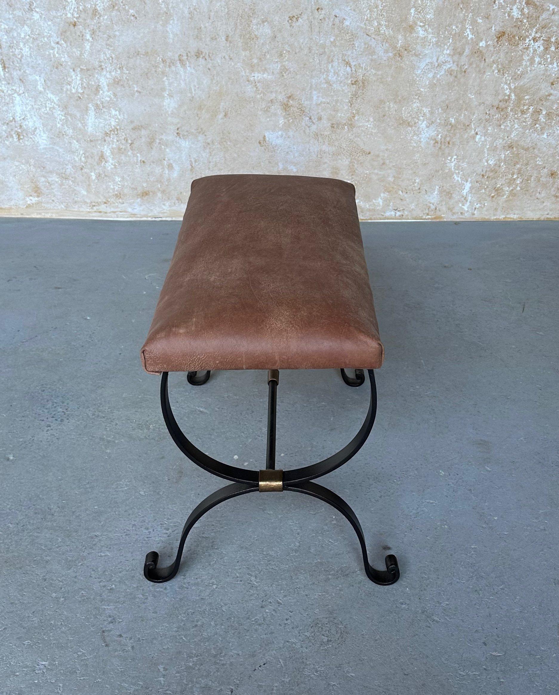 Spanish Iron Bench in Brown Leather For Sale 8