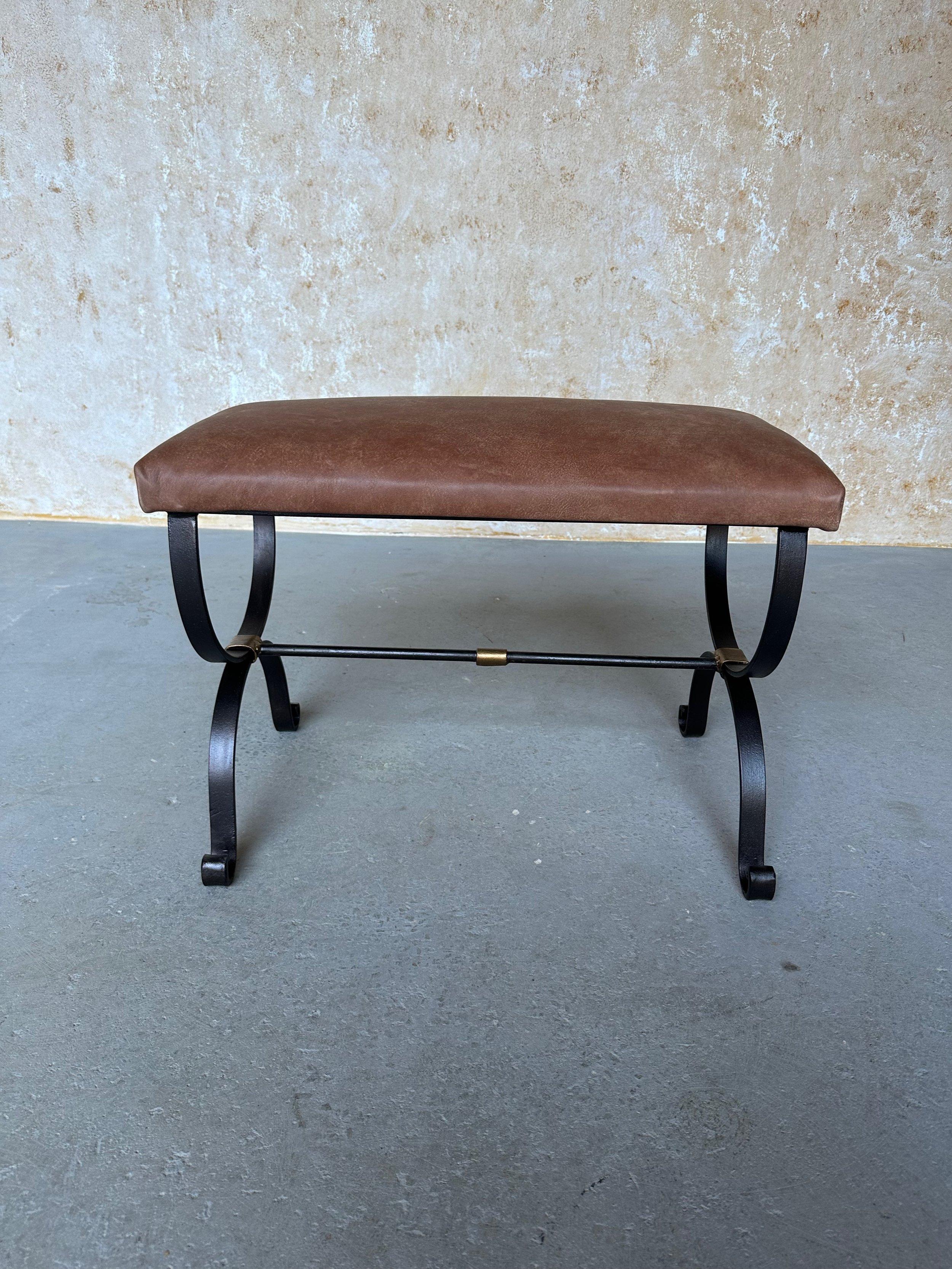 Contemporary Spanish Iron Bench in Brown Leather For Sale