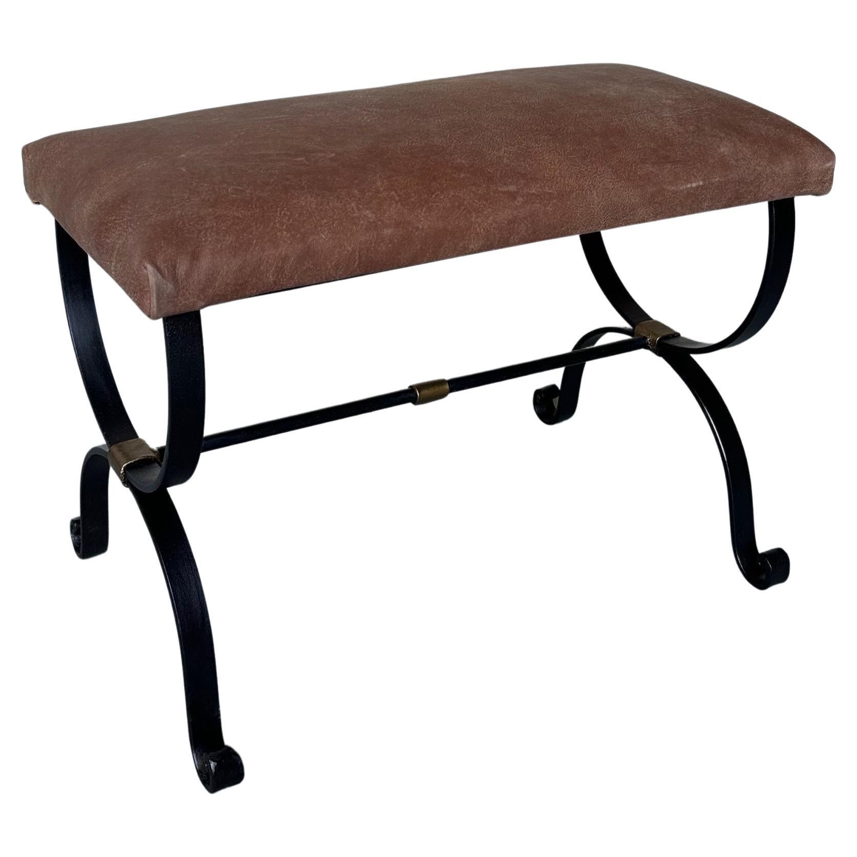 Spanish Iron Bench in Brown Leather For Sale