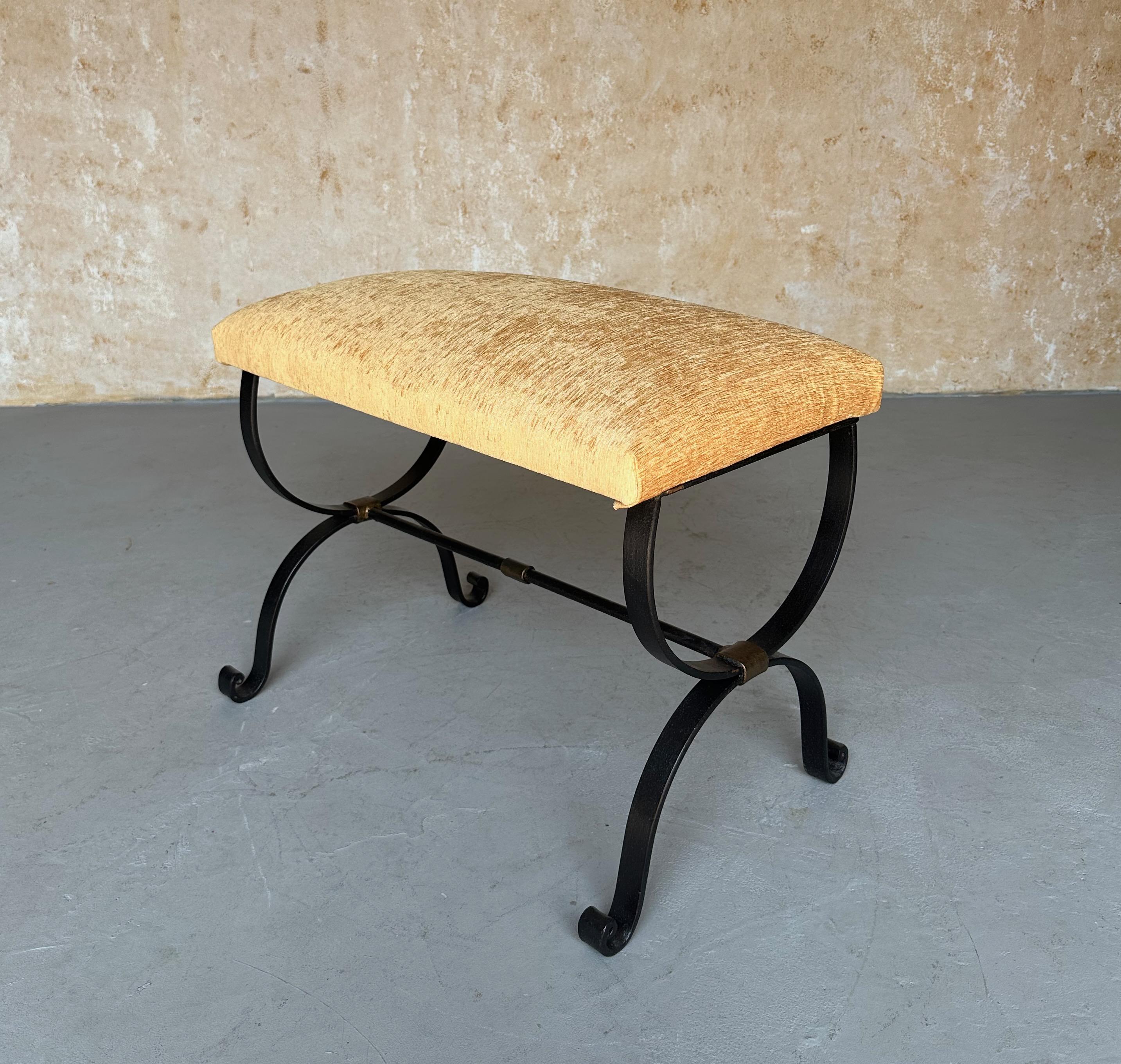 Spanish Iron Bench in Gold Velvet For Sale 5