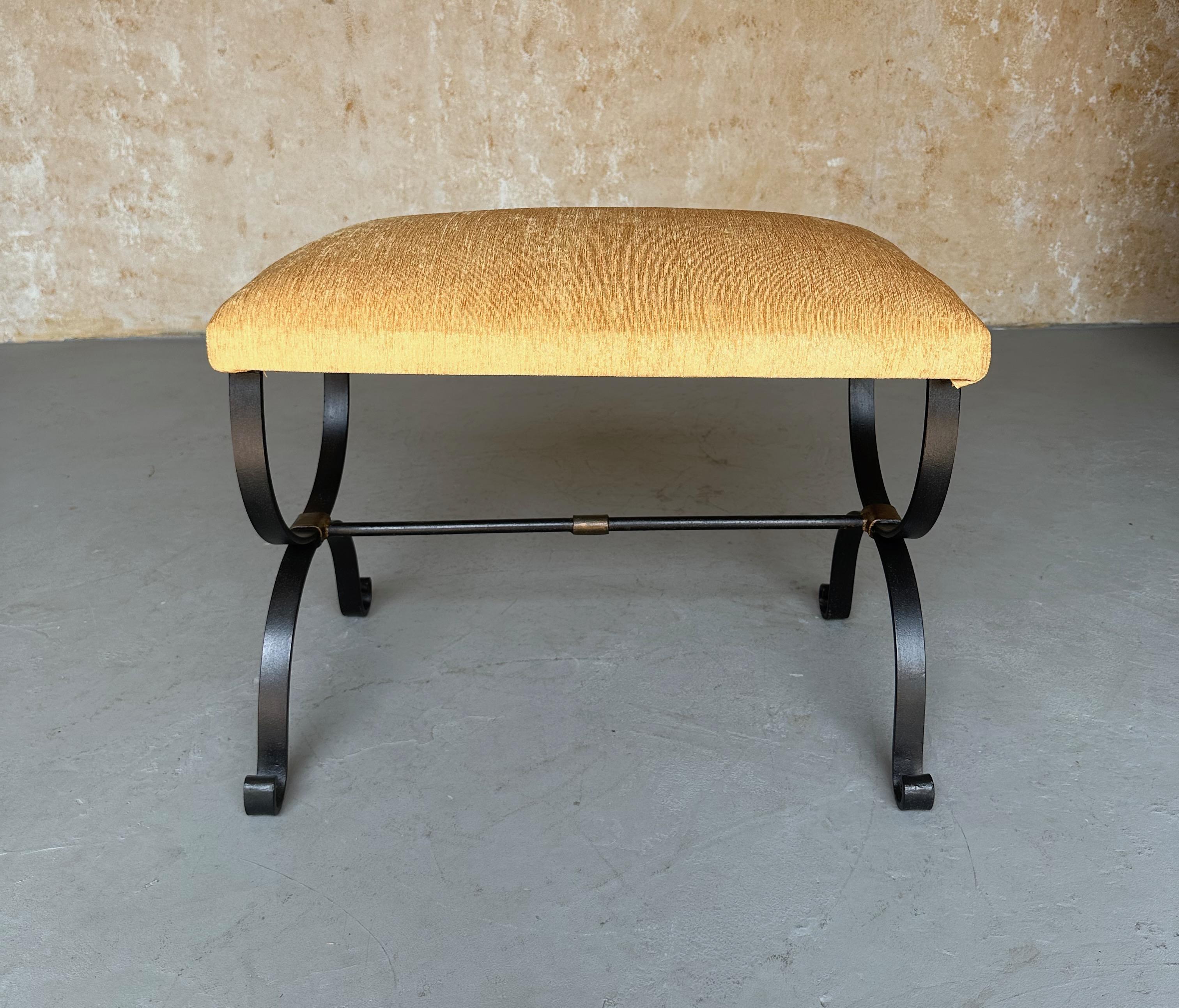Spanish Iron Bench in Gold Velvet In Good Condition For Sale In Buchanan, NY