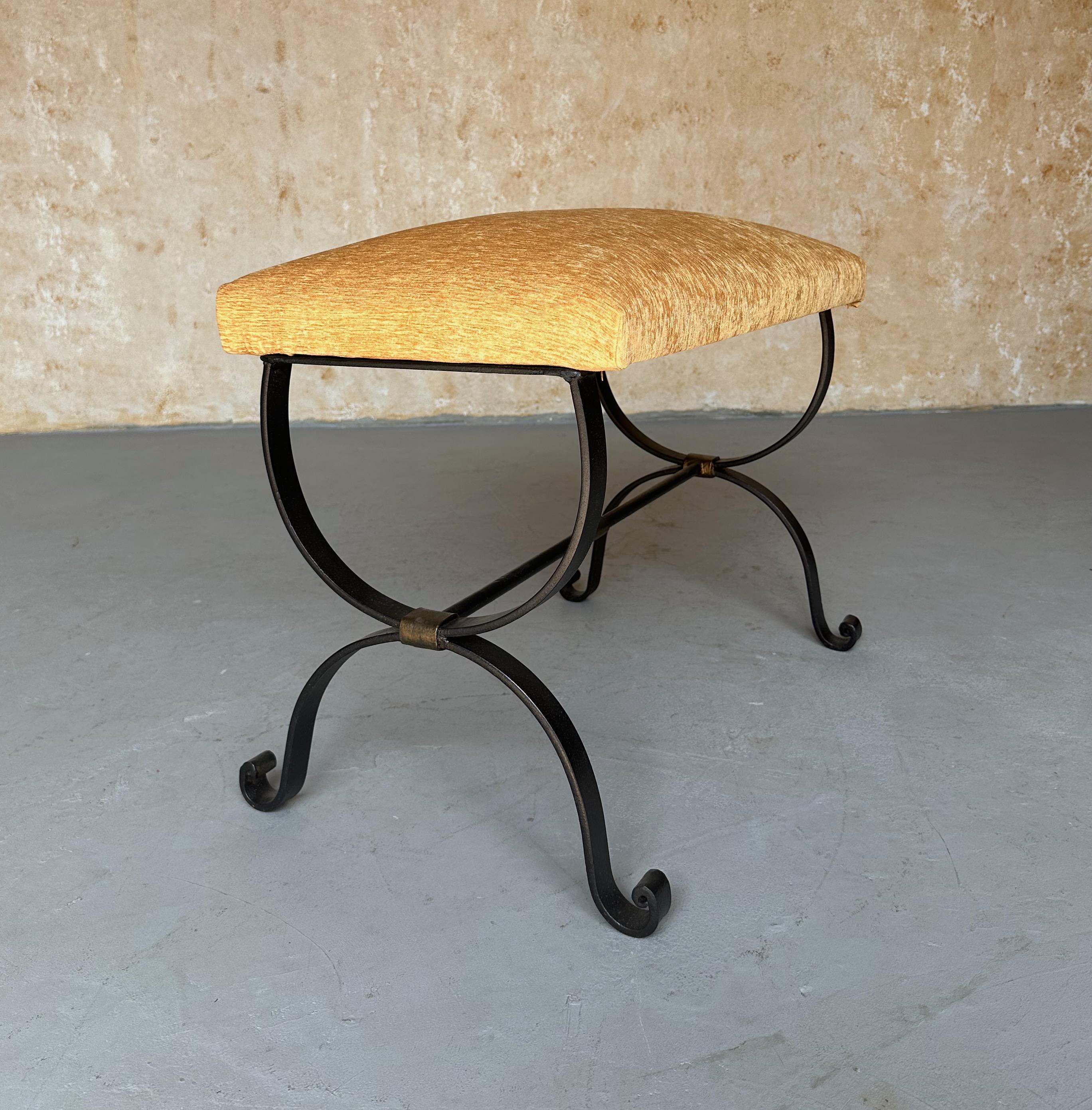 Contemporary Spanish Iron Bench in Gold Velvet For Sale