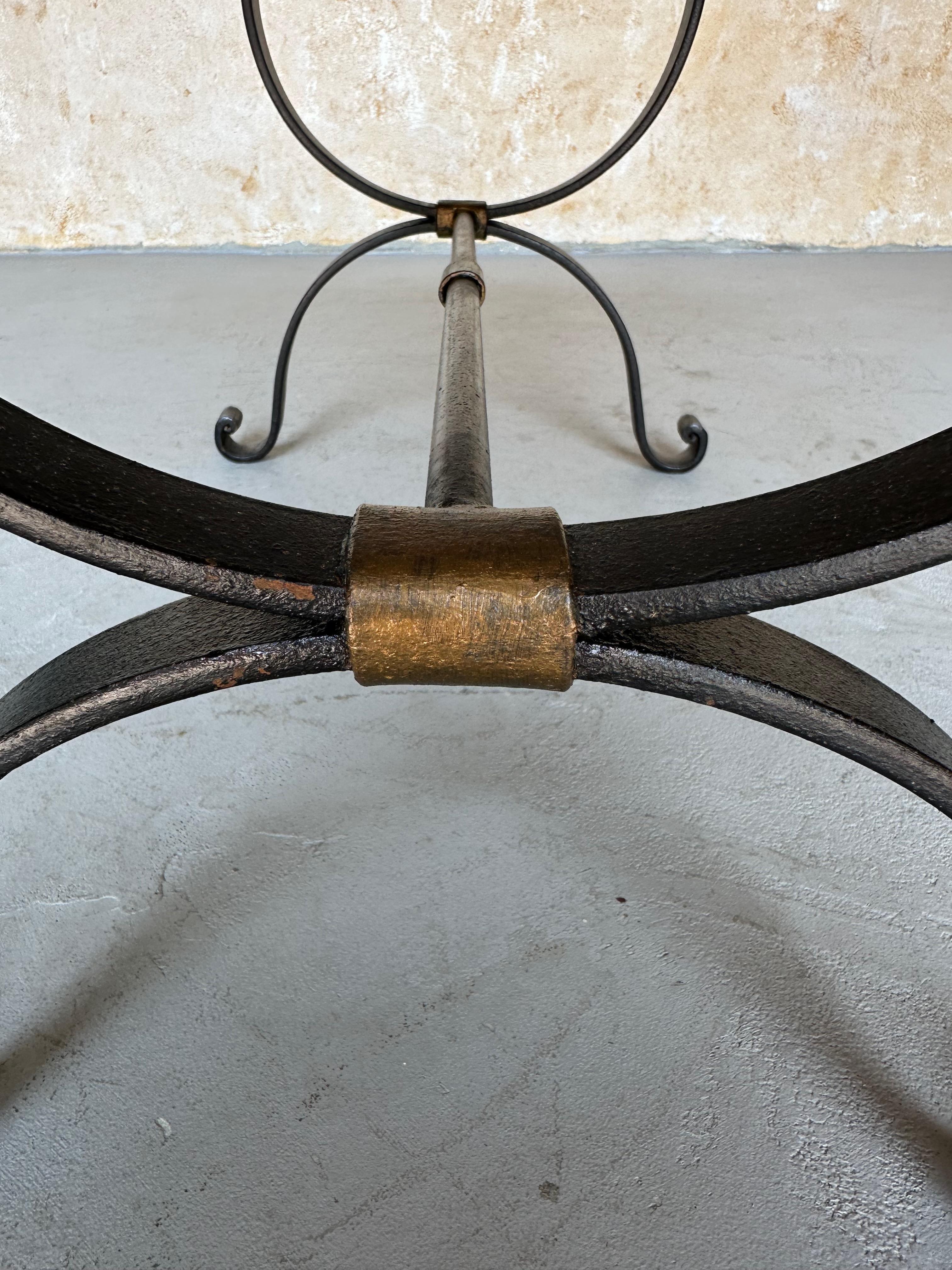 Spanish Iron Bench in Gold Velvet For Sale 1