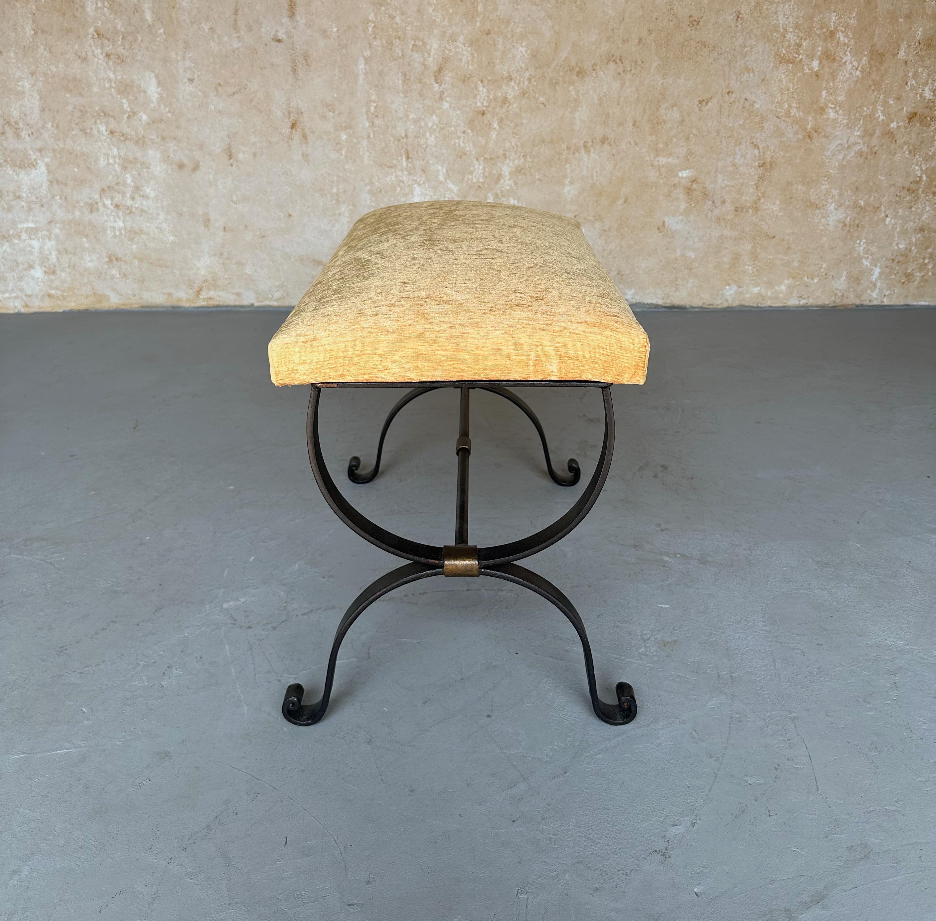 Spanish Iron Bench in Gold Velvet For Sale 2