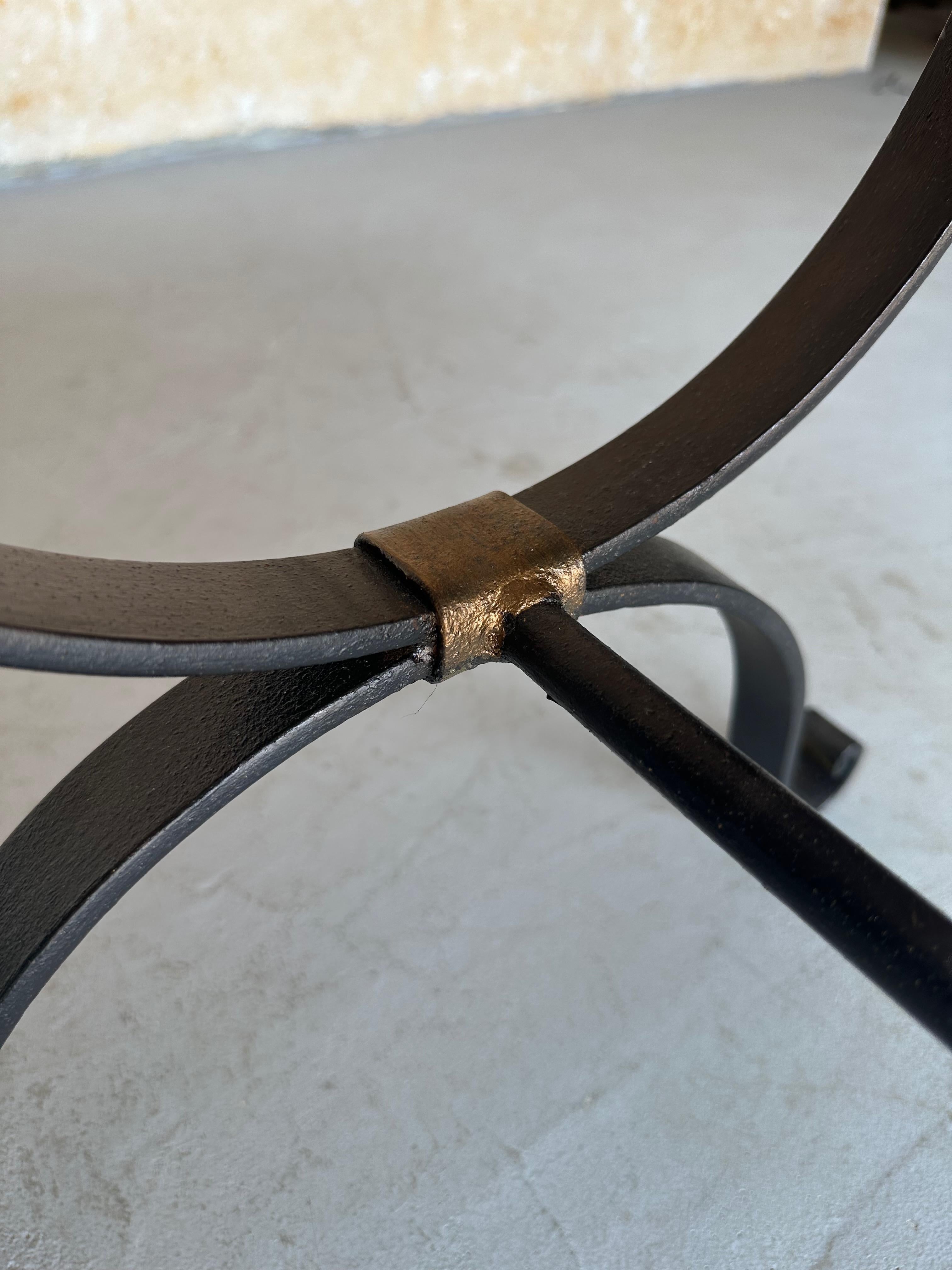 Spanish Iron Bench in Gold Velvet For Sale 4