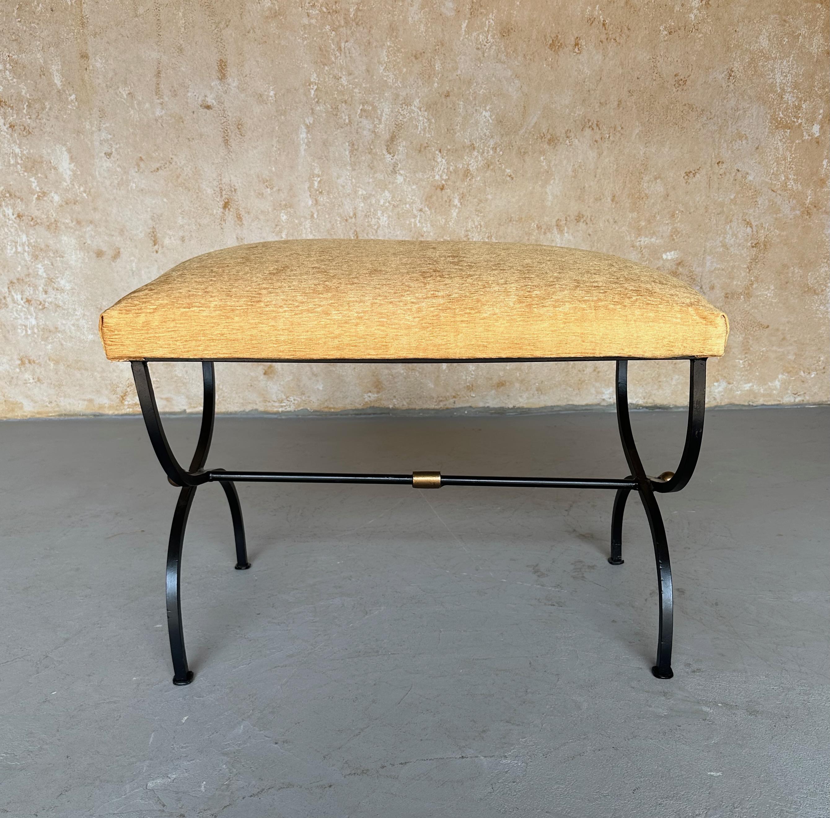 Spanish Iron Bench in Gold Velvet with Bronze and Gold  Base For Sale 5