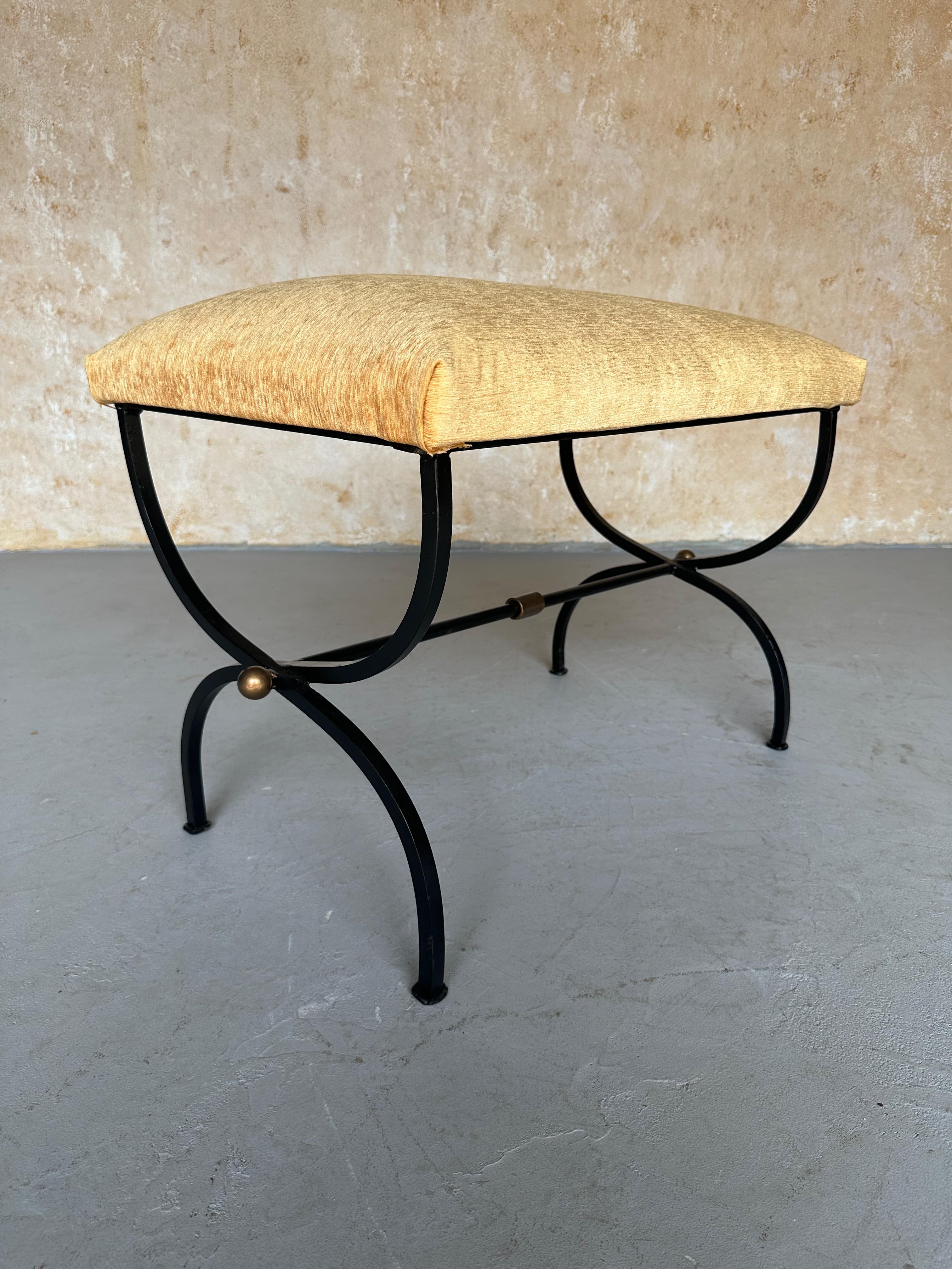 Neoclassical Spanish Iron Bench in Gold Velvet with Bronze and Gold  Base For Sale