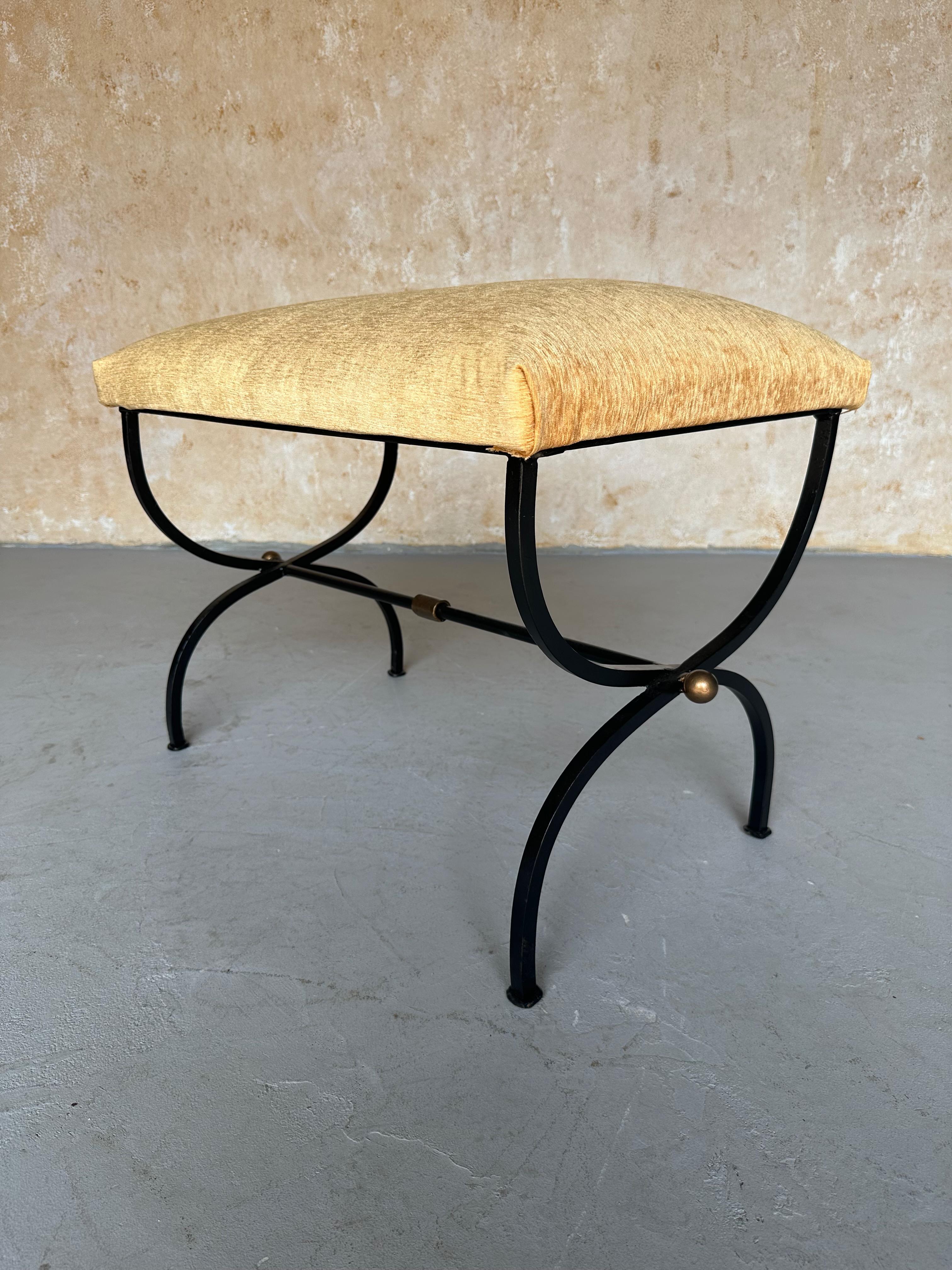 Contemporary Spanish Iron Bench in Gold Velvet with Bronze and Gold  Base For Sale