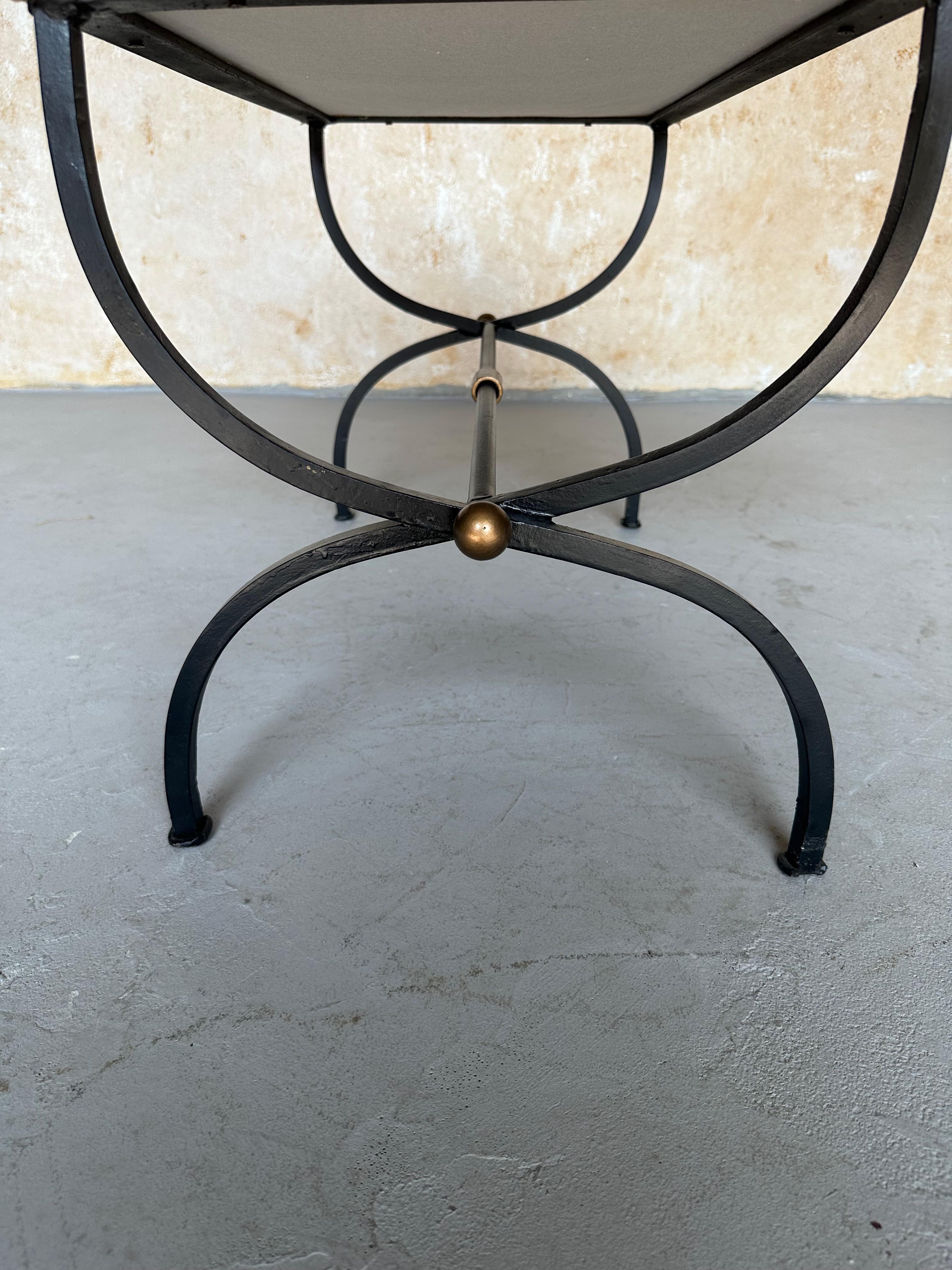 Spanish Iron Bench in Gold Velvet with Bronze and Gold  Base For Sale 4