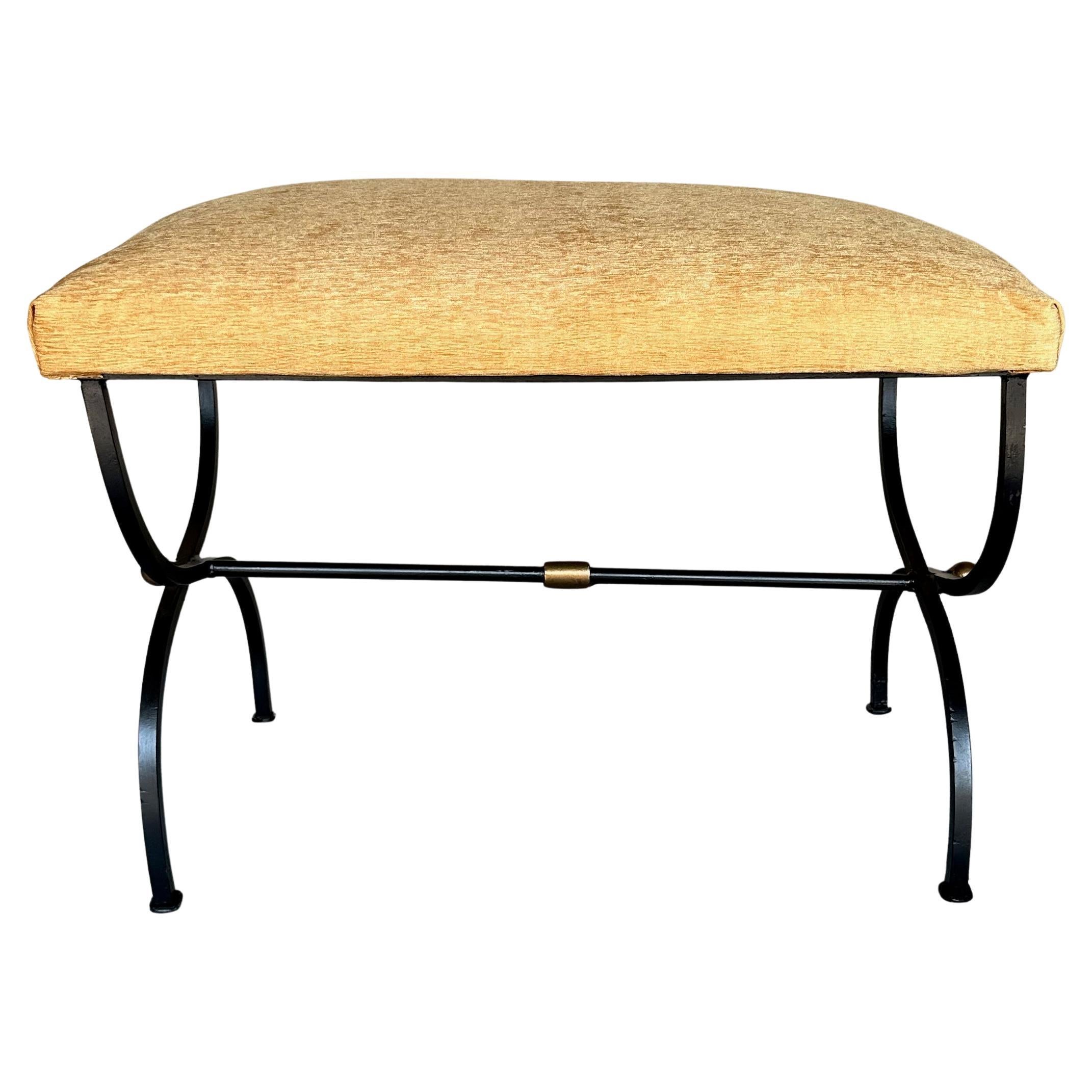 Spanish Iron Bench in Gold Velvet with Bronze and Gold  Base For Sale
