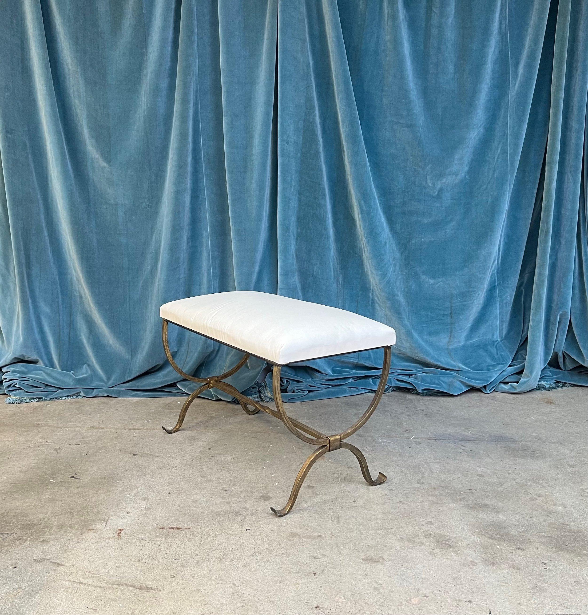 Mid-Century Modern Spanish Iron Bench in Muslin For Sale