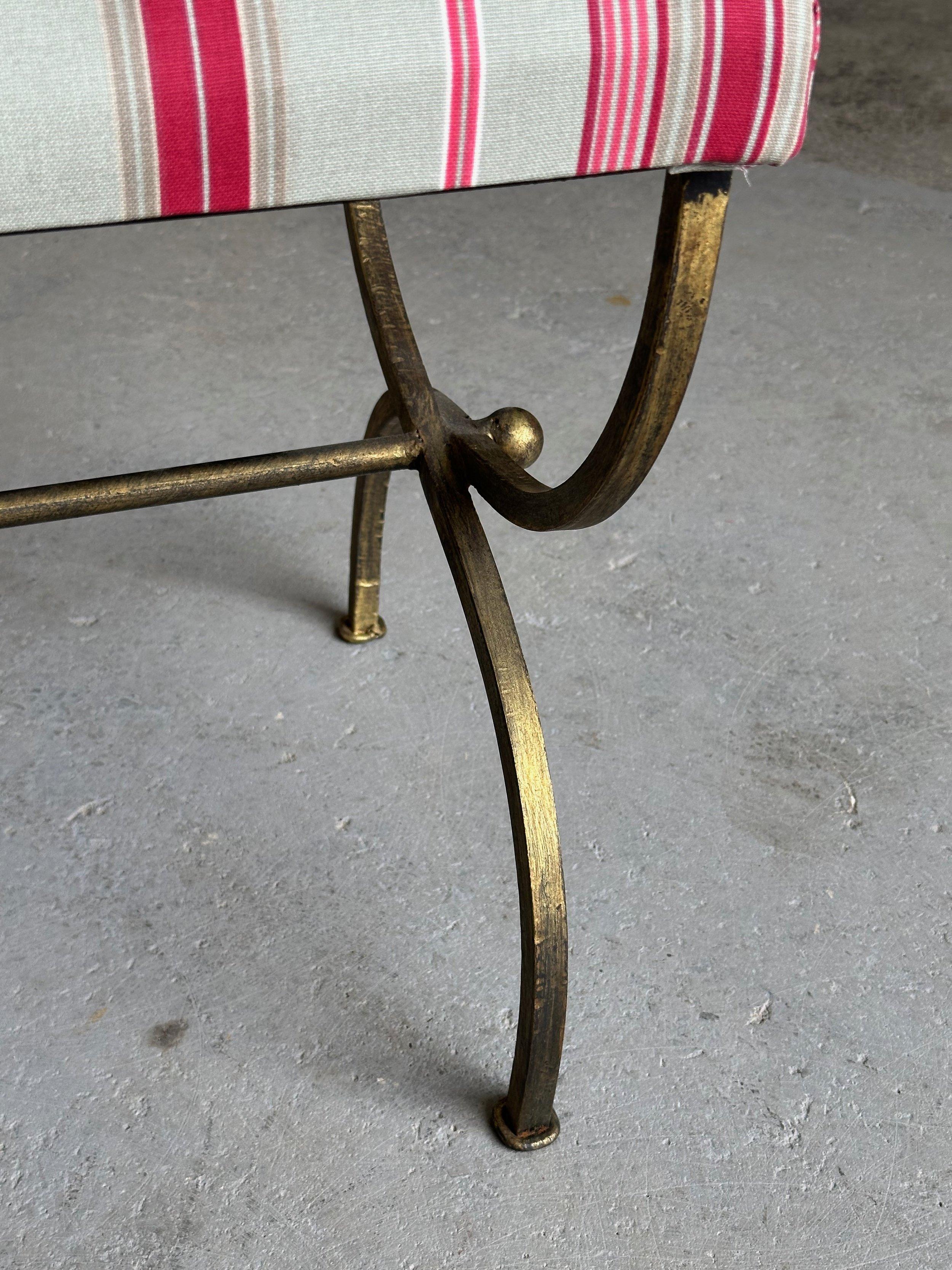 Spanish Iron Bench in Striped Fabric For Sale 4