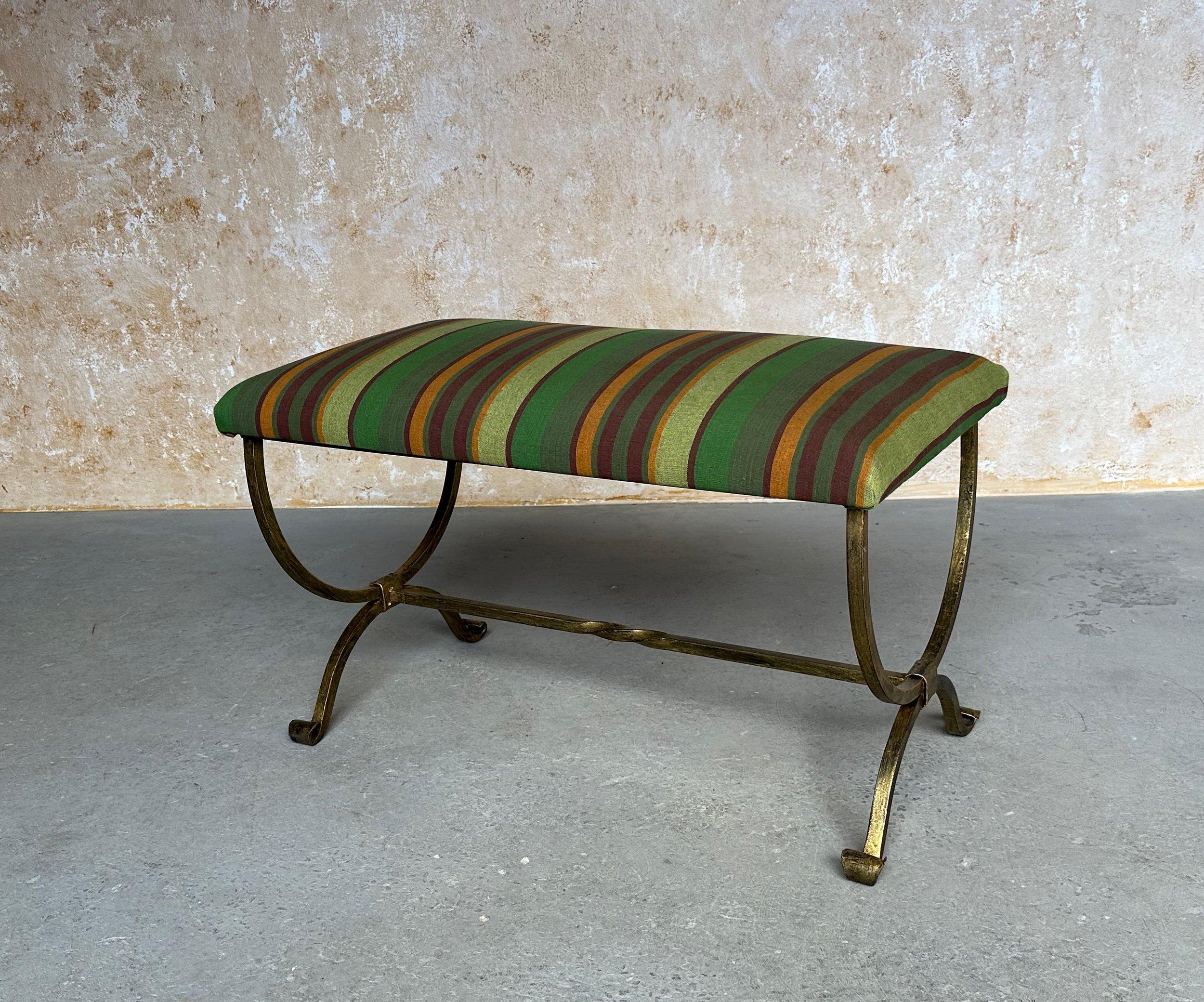 Spanish Iron Bench in Striped Fabric For Sale 6