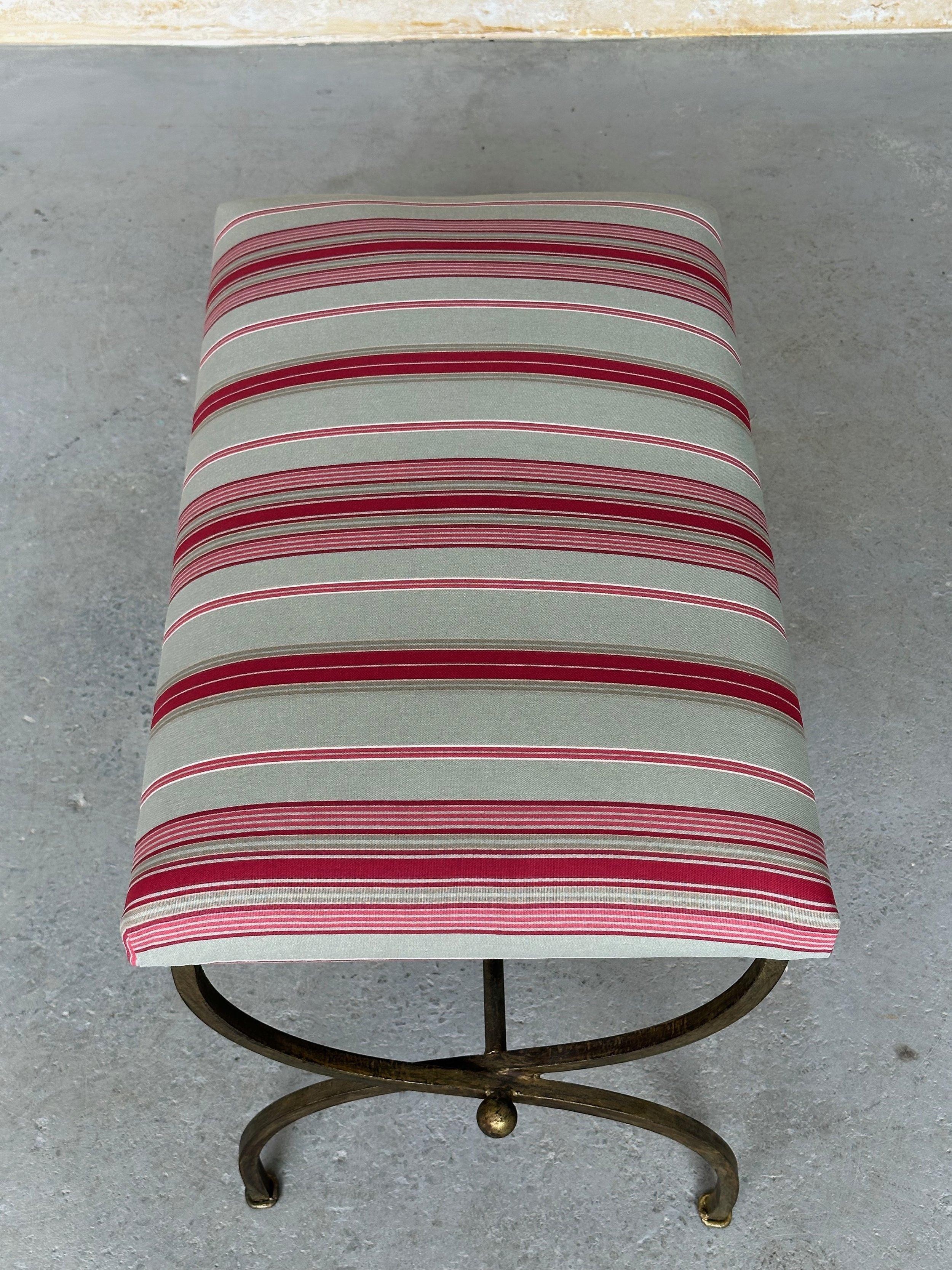 Spanish Iron Bench in Striped Fabric For Sale 5