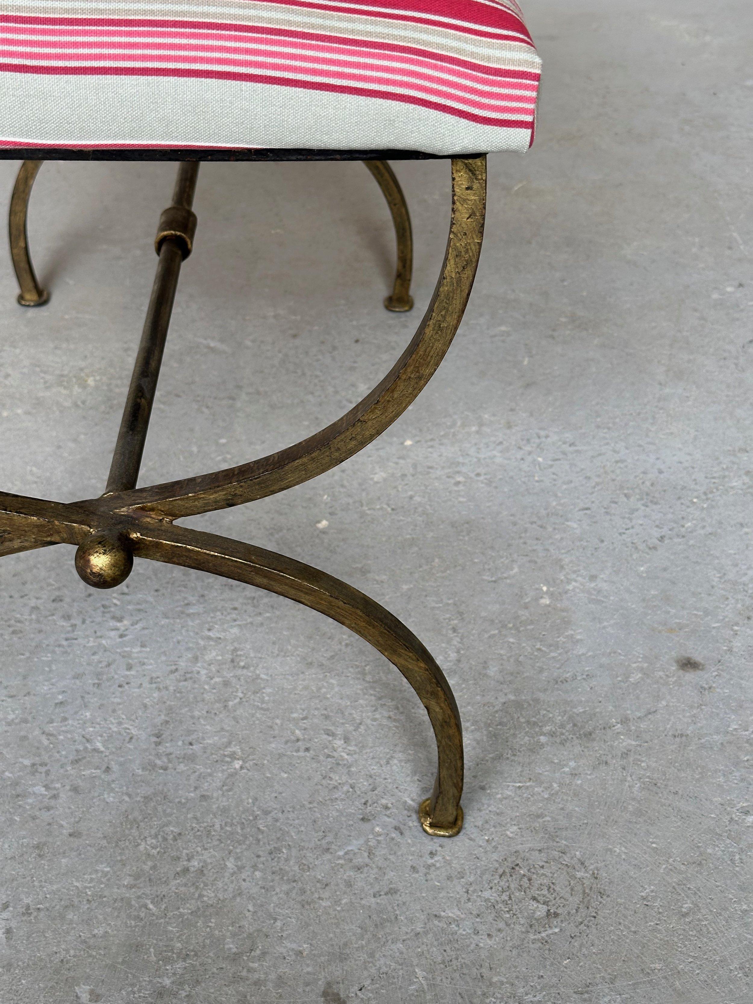 Spanish Iron Bench in Striped Fabric For Sale 6