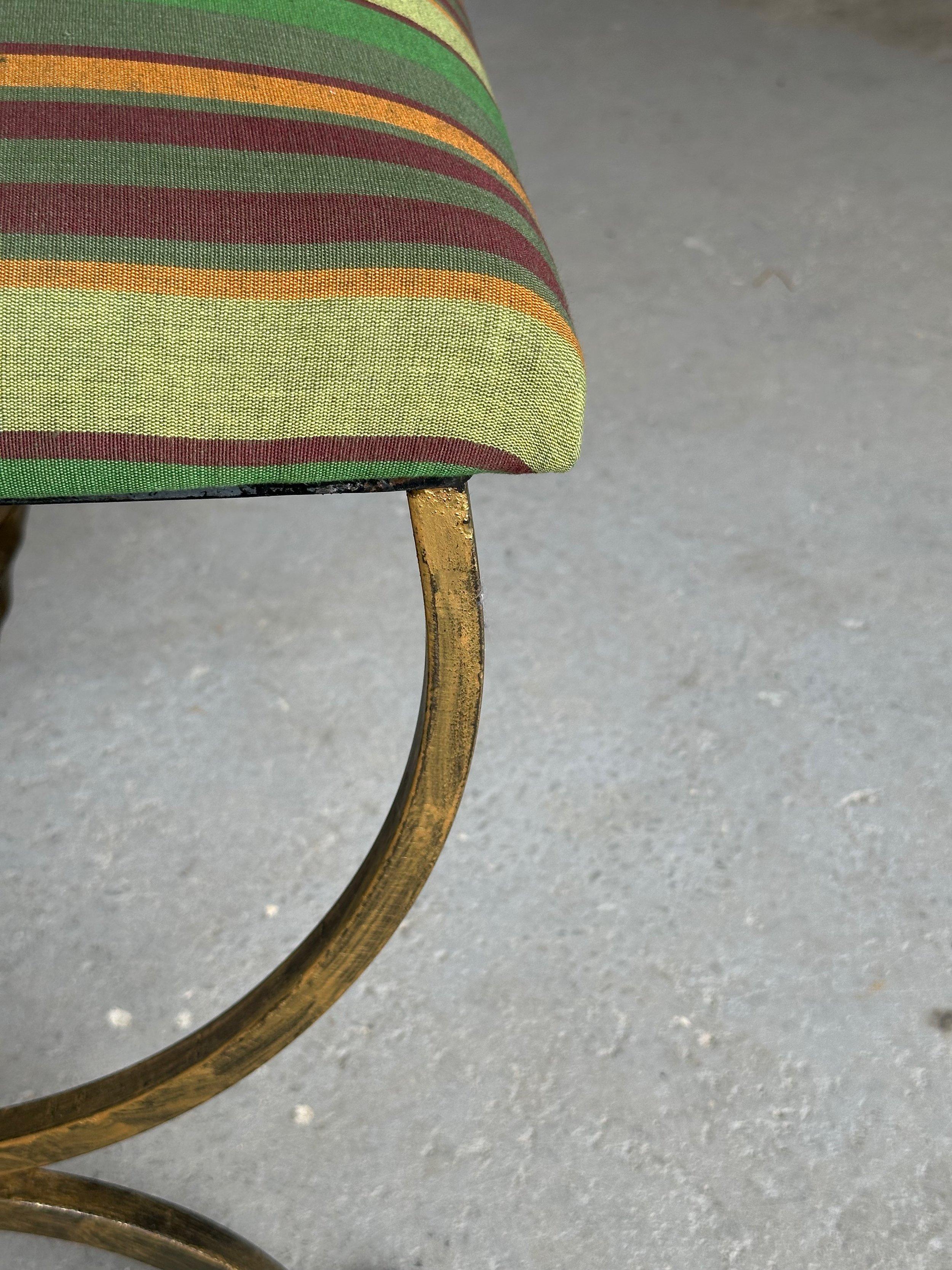 Spanish Iron Bench in Striped Fabric For Sale 8