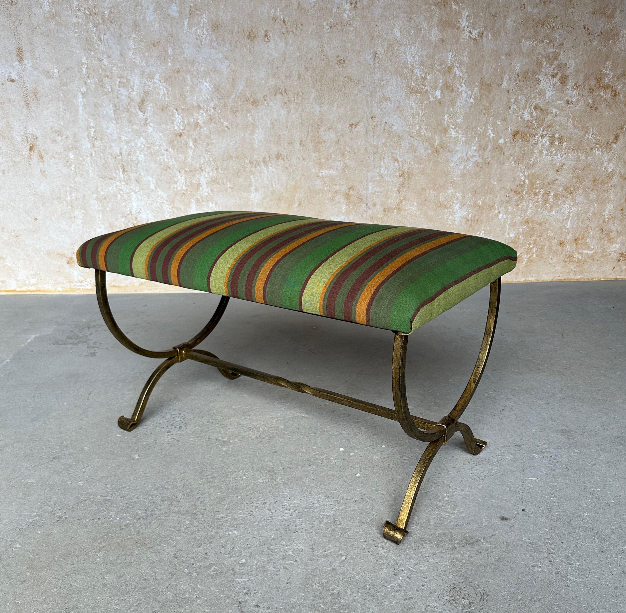 Spanish Iron Bench in Striped Fabric For Sale 10