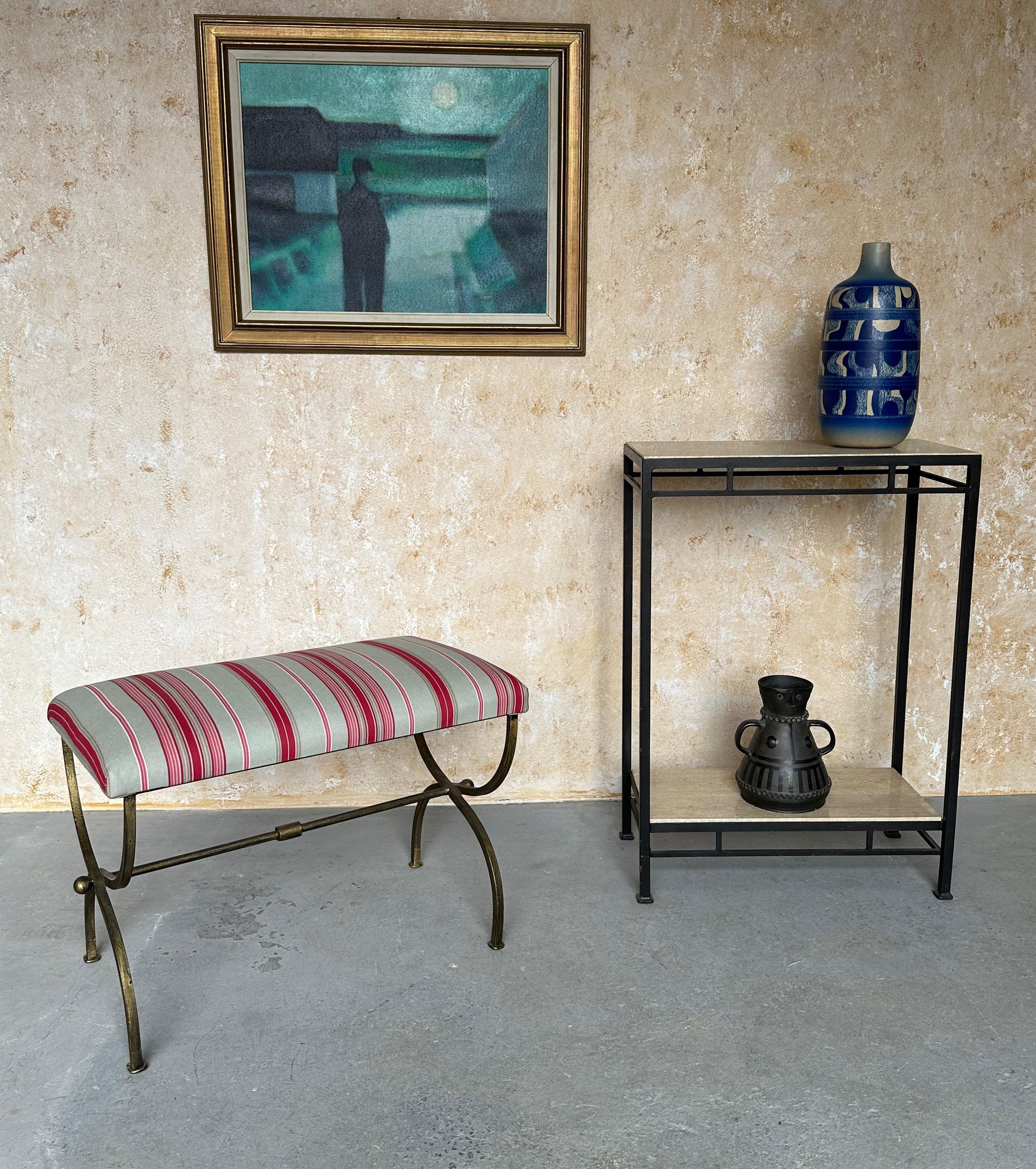 Mid-Century Modern Spanish Iron Bench in Striped Fabric For Sale