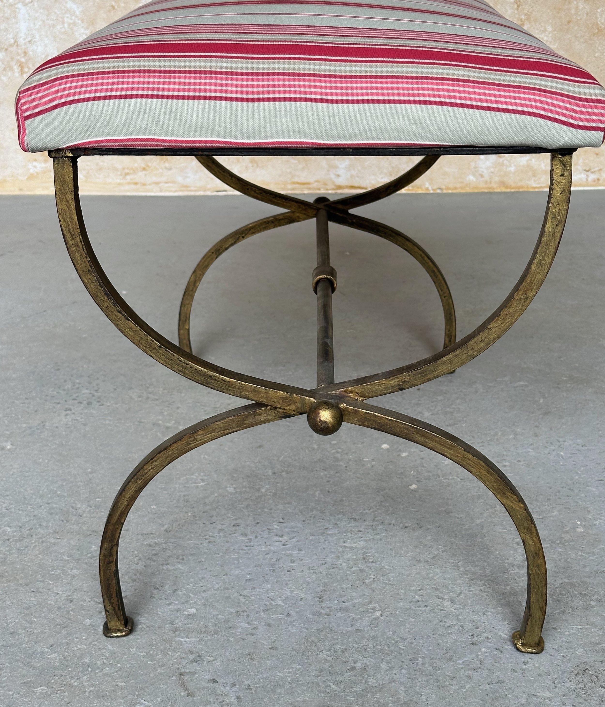Hand-Crafted Spanish Iron Bench in Striped Fabric For Sale