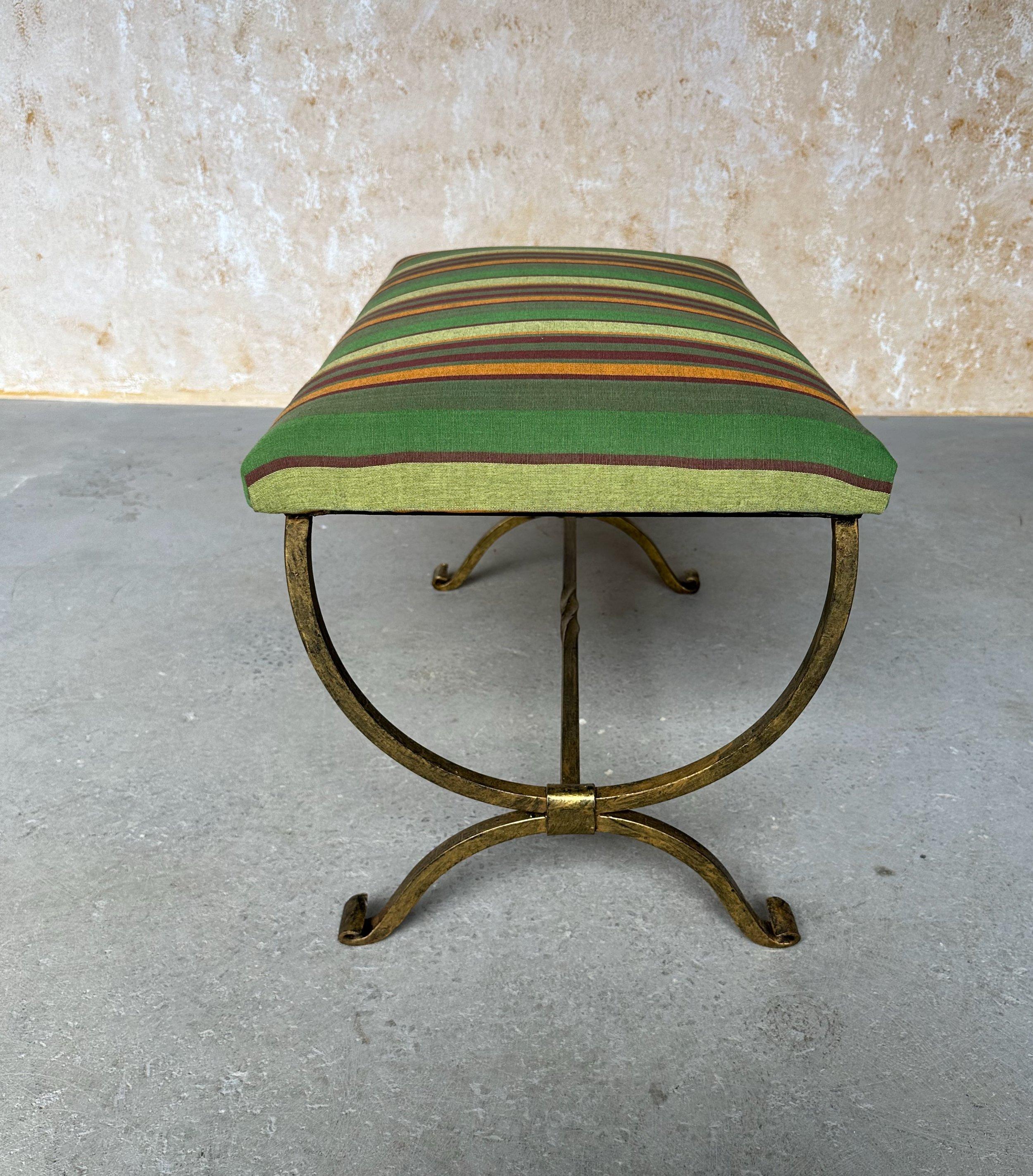 Contemporary Spanish Iron Bench in Striped Fabric For Sale