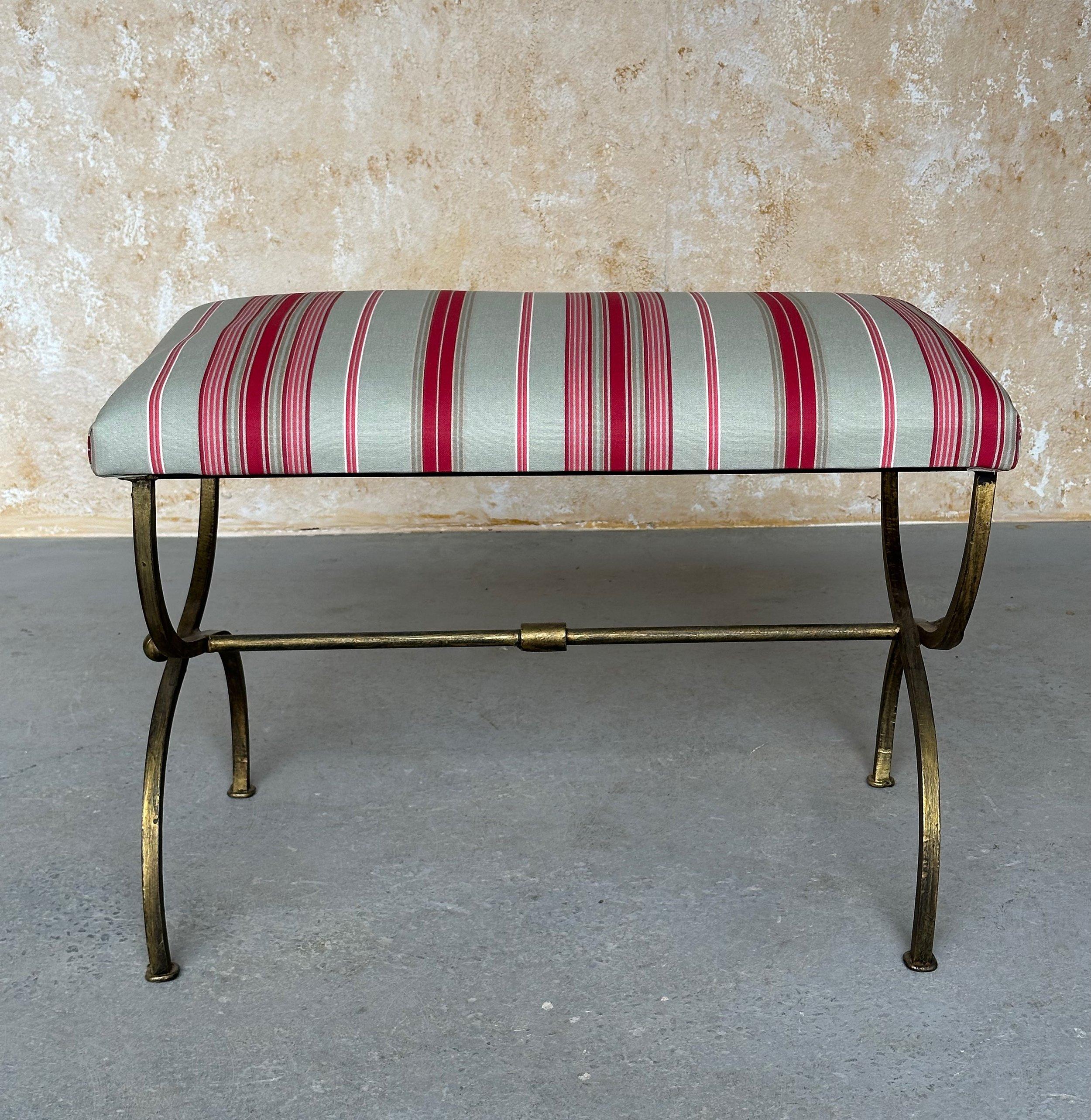 Spanish Iron Bench in Striped Fabric In Good Condition For Sale In Buchanan, NY
