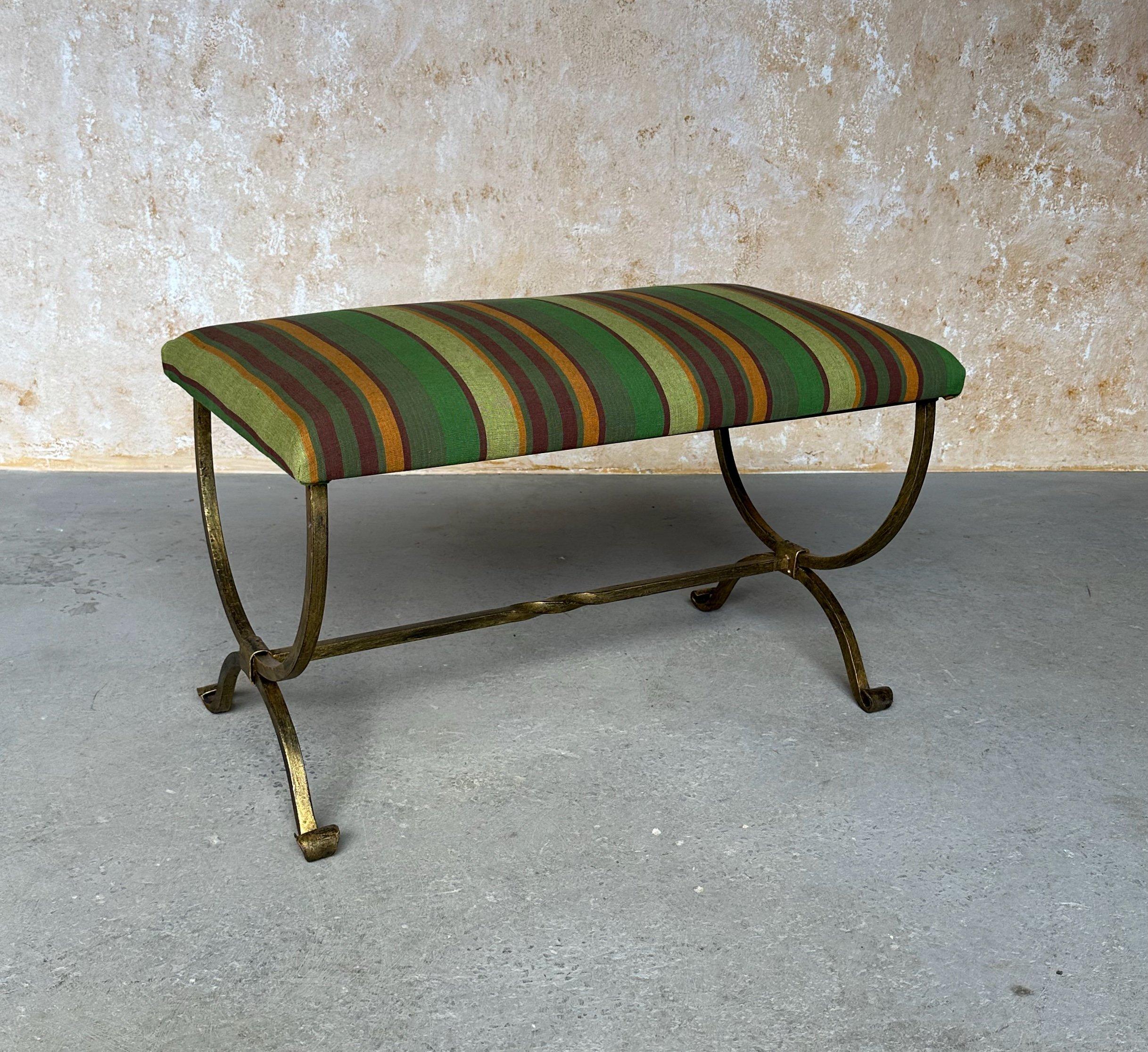 Spanish Iron Bench in Striped Fabric For Sale 2