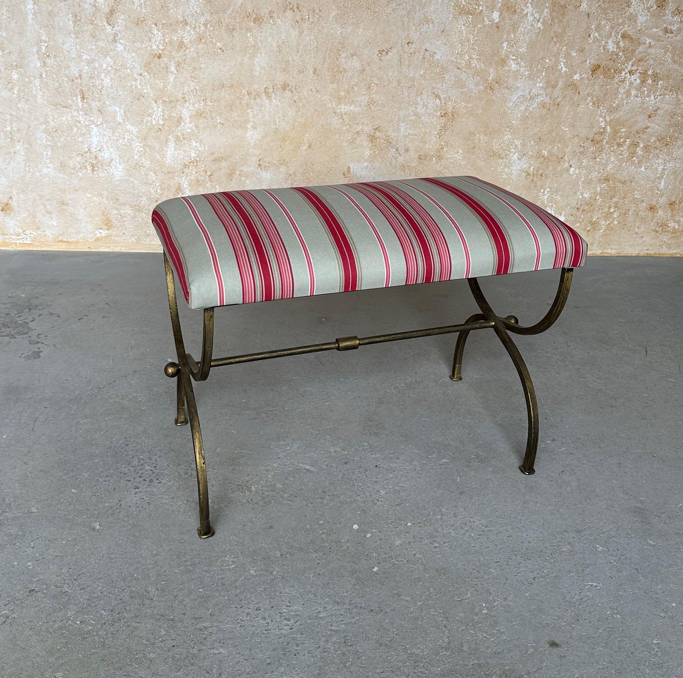 Spanish Iron Bench in Striped Fabric For Sale 1