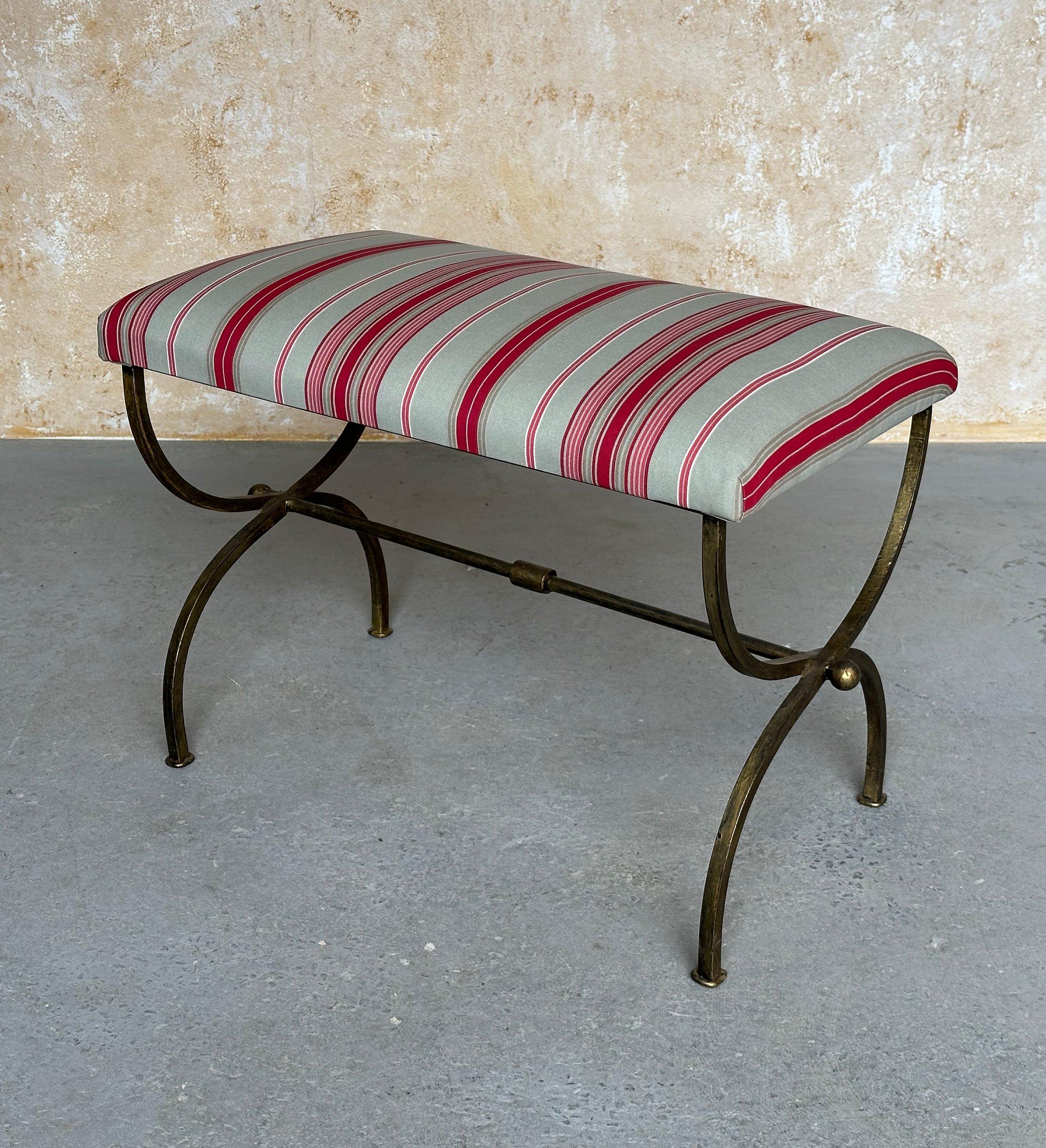 Spanish Iron Bench in Striped Fabric For Sale 3