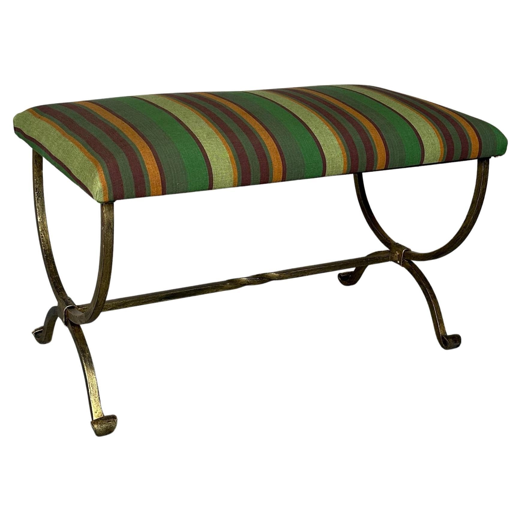 Spanish Iron Bench in Striped Fabric For Sale