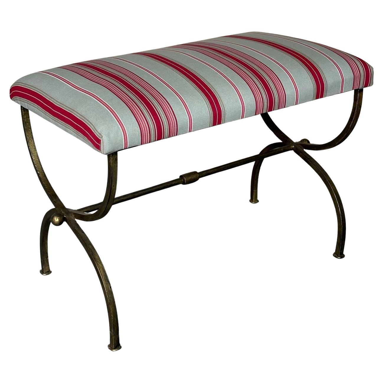 Spanish Iron Bench in Striped Fabric For Sale