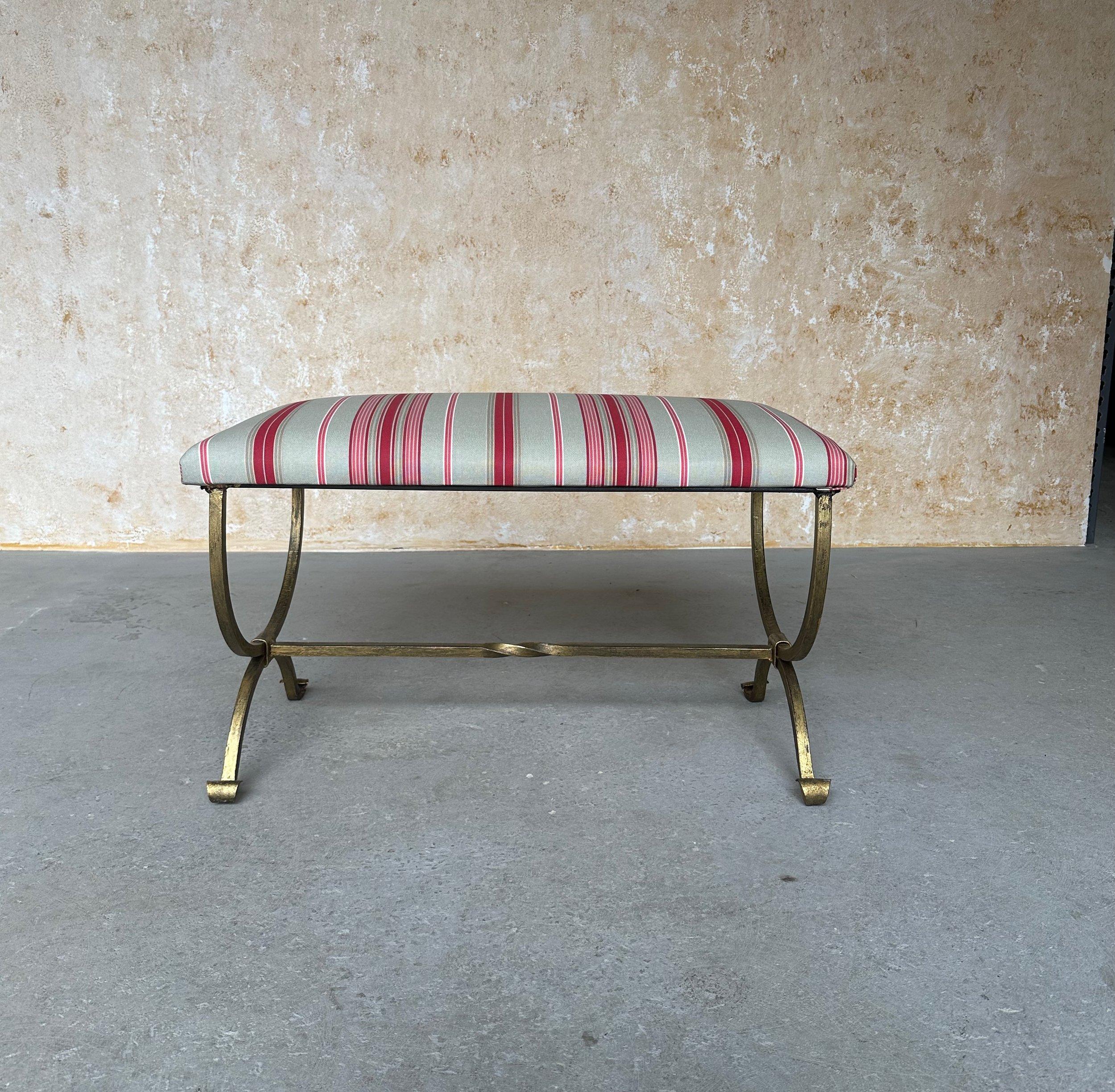 Hand-Crafted Spanish Iron Bench with Scrolled Legs For Sale