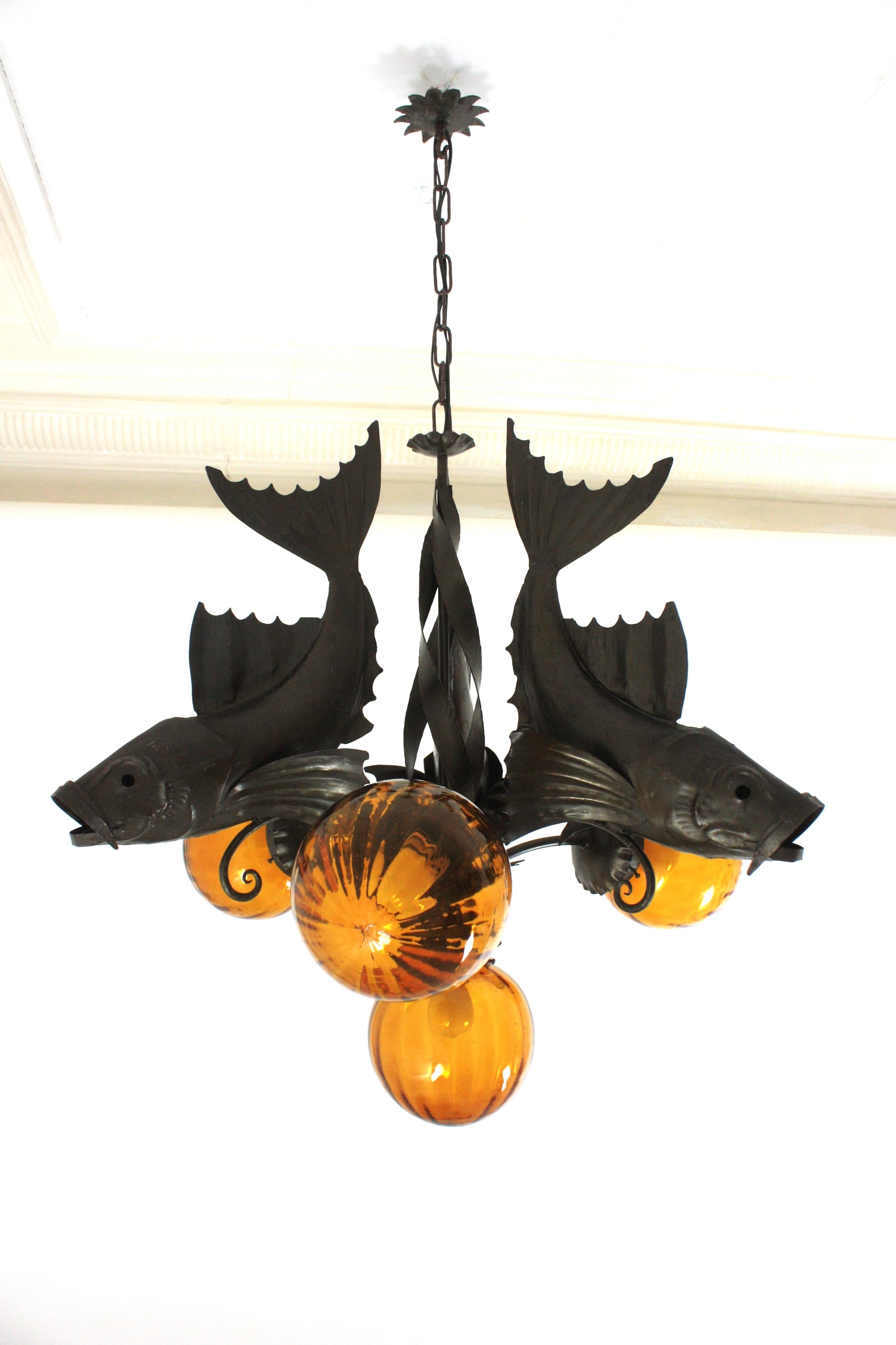 Spanish Wrought Iron and Amber Glass Chandelier, Fish Design For Sale 6