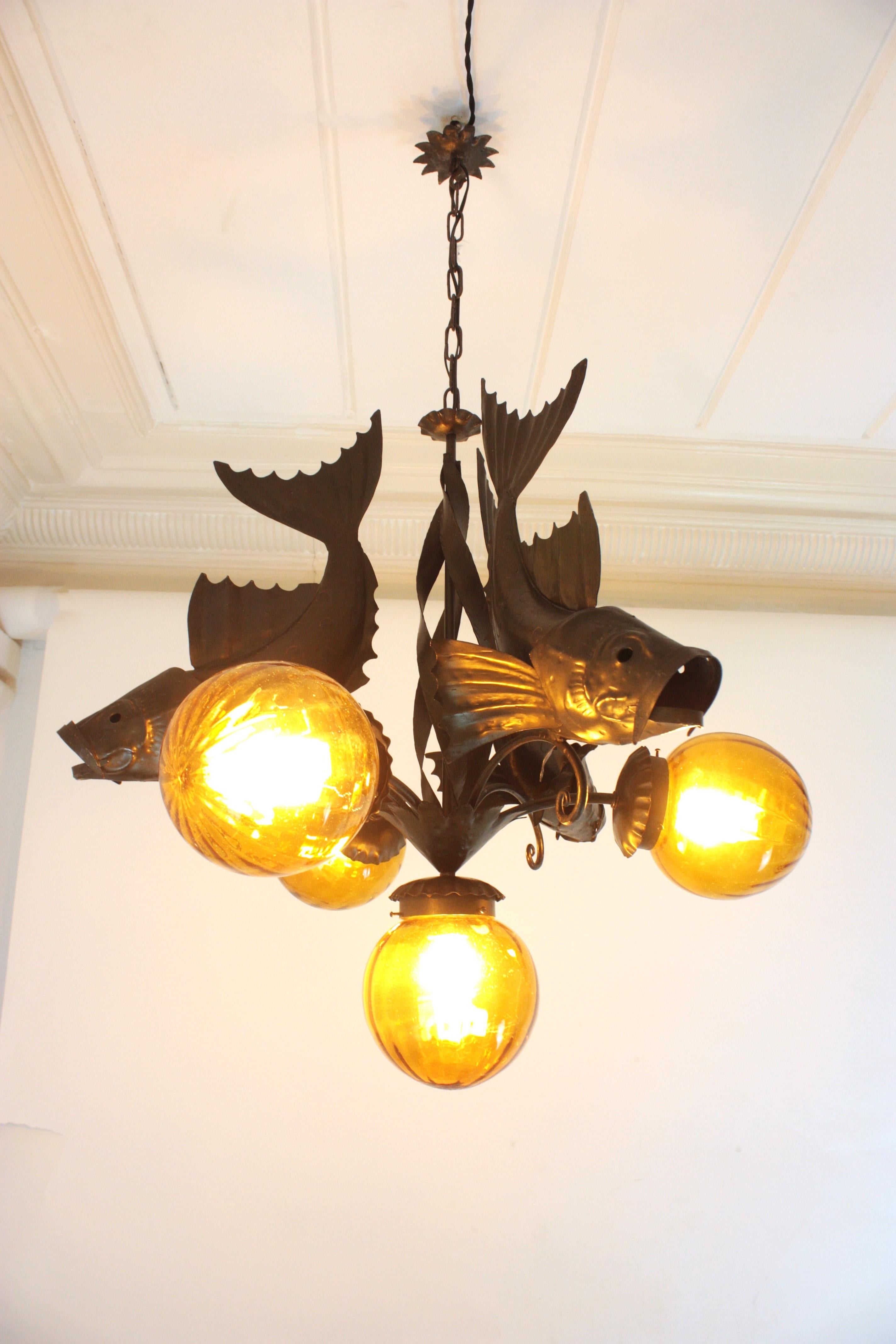 Spanish Wrought Iron and Amber Glass Chandelier, Fish Design For Sale 8