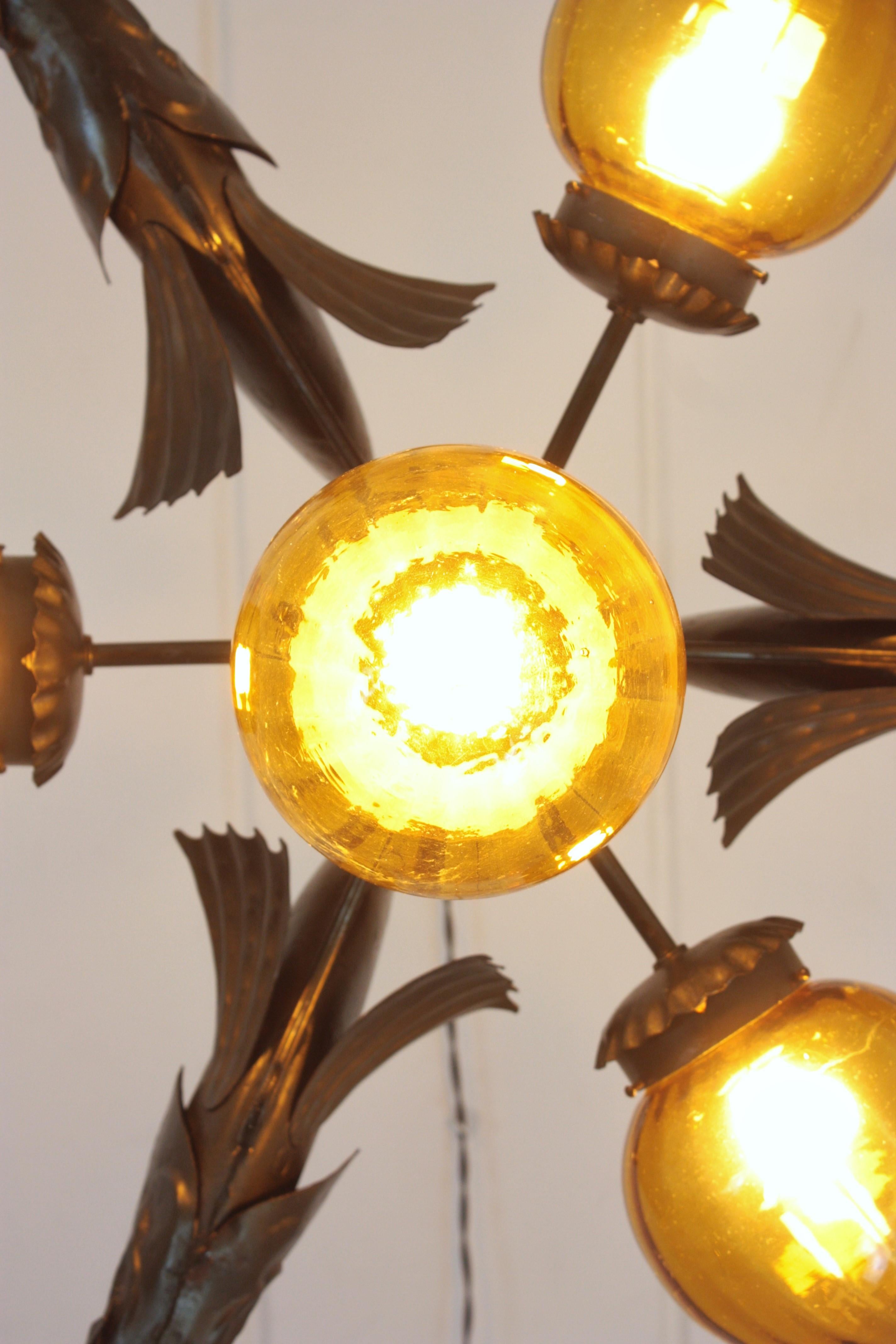 Spanish Wrought Iron and Amber Glass Chandelier, Fish Design For Sale 9