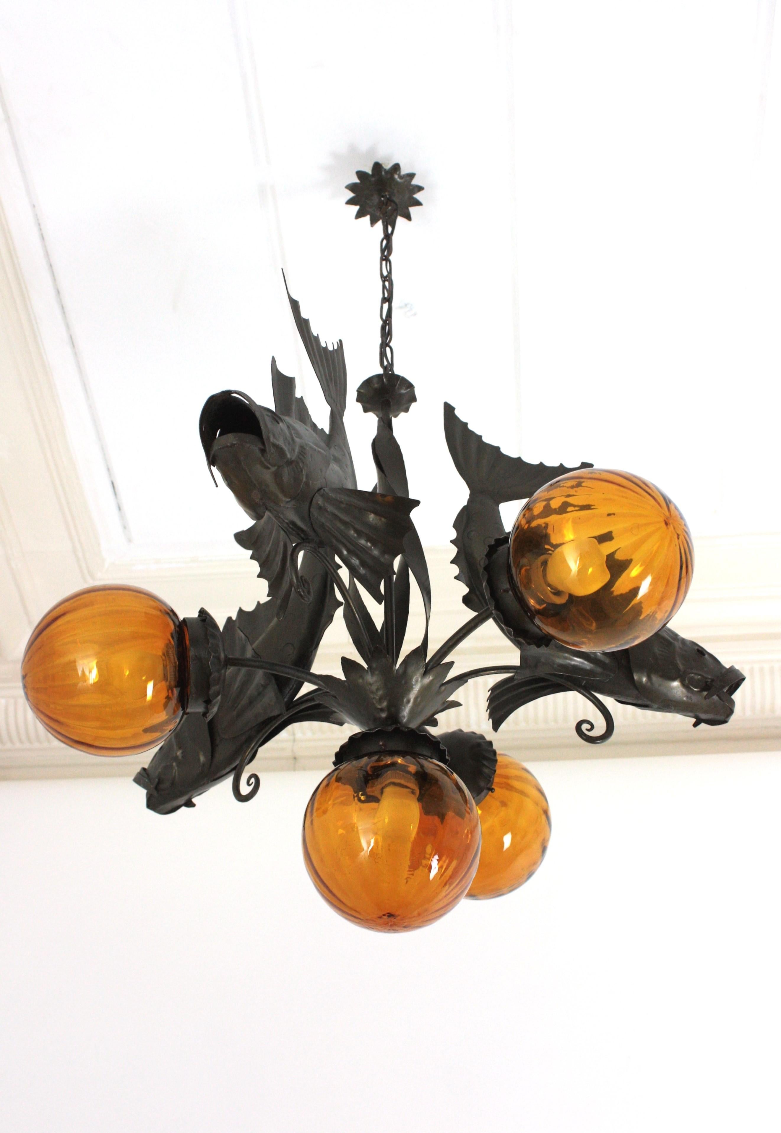 Spanish Wrought Iron and Amber Glass Chandelier, Fish Design For Sale 10