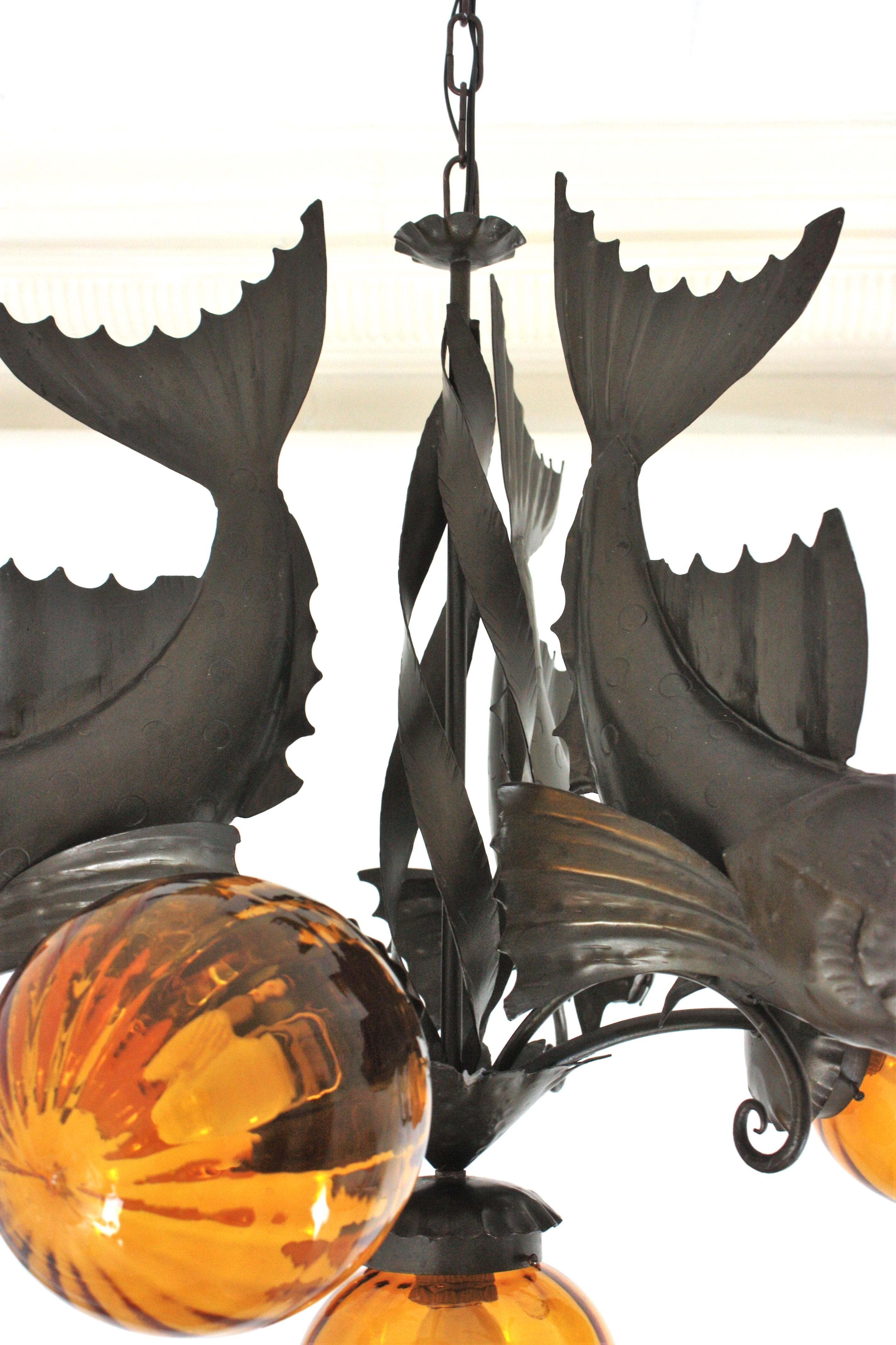 Spanish Wrought Iron and Amber Glass Chandelier, Fish Design For Sale 12