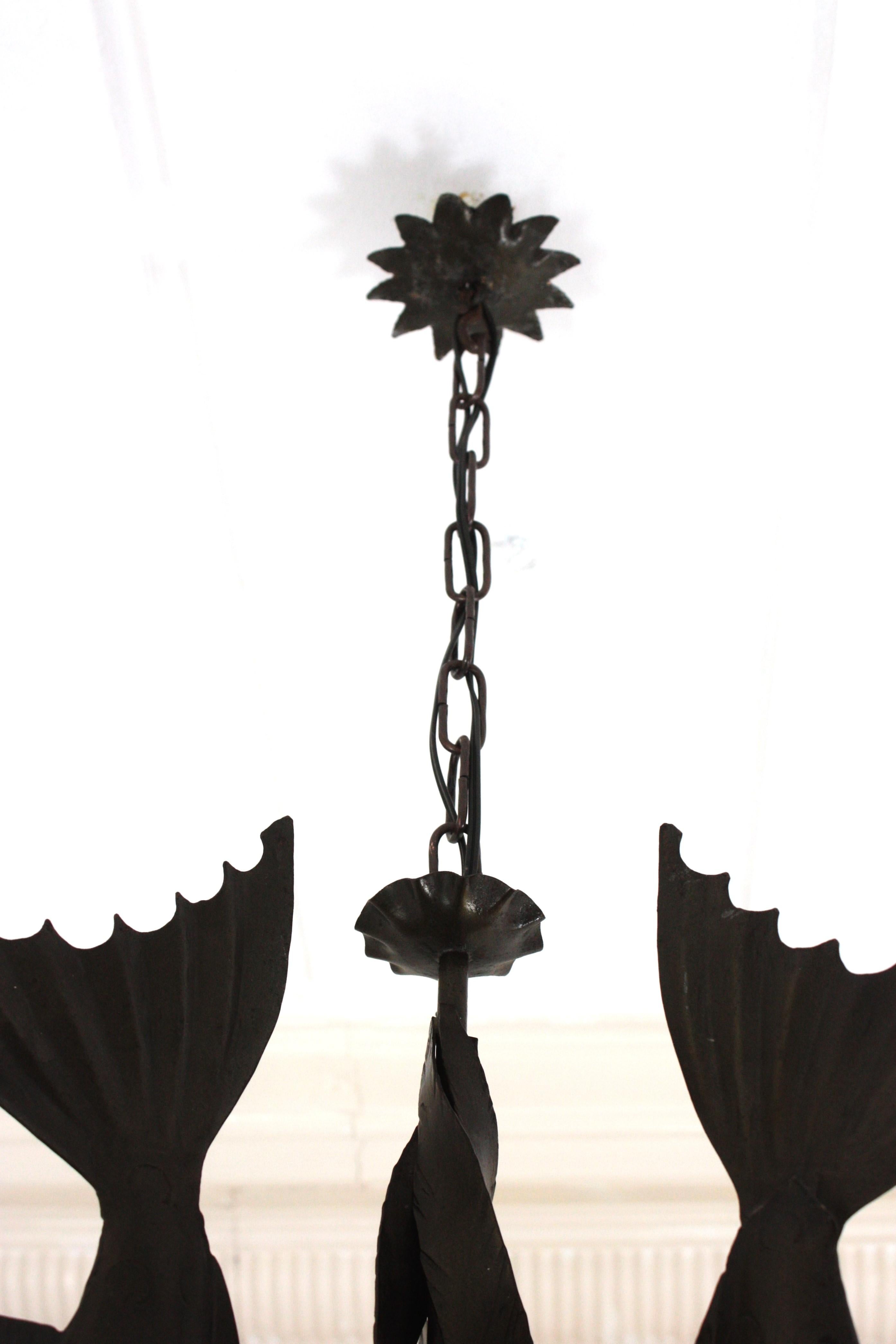 Spanish Wrought Iron and Amber Glass Chandelier, Fish Design For Sale 13