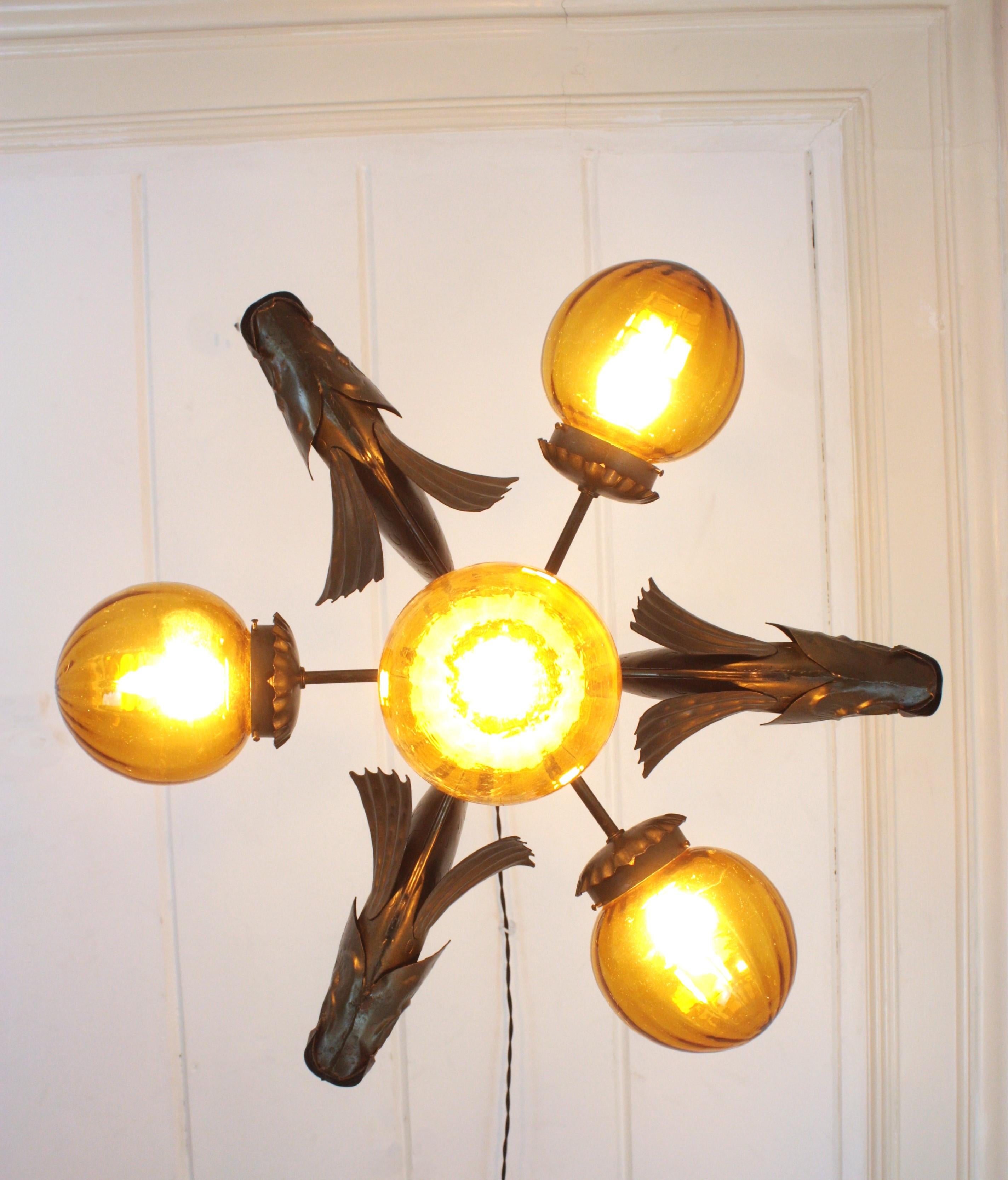 Spanish Wrought Iron and Amber Glass Chandelier, Fish Design For Sale 2