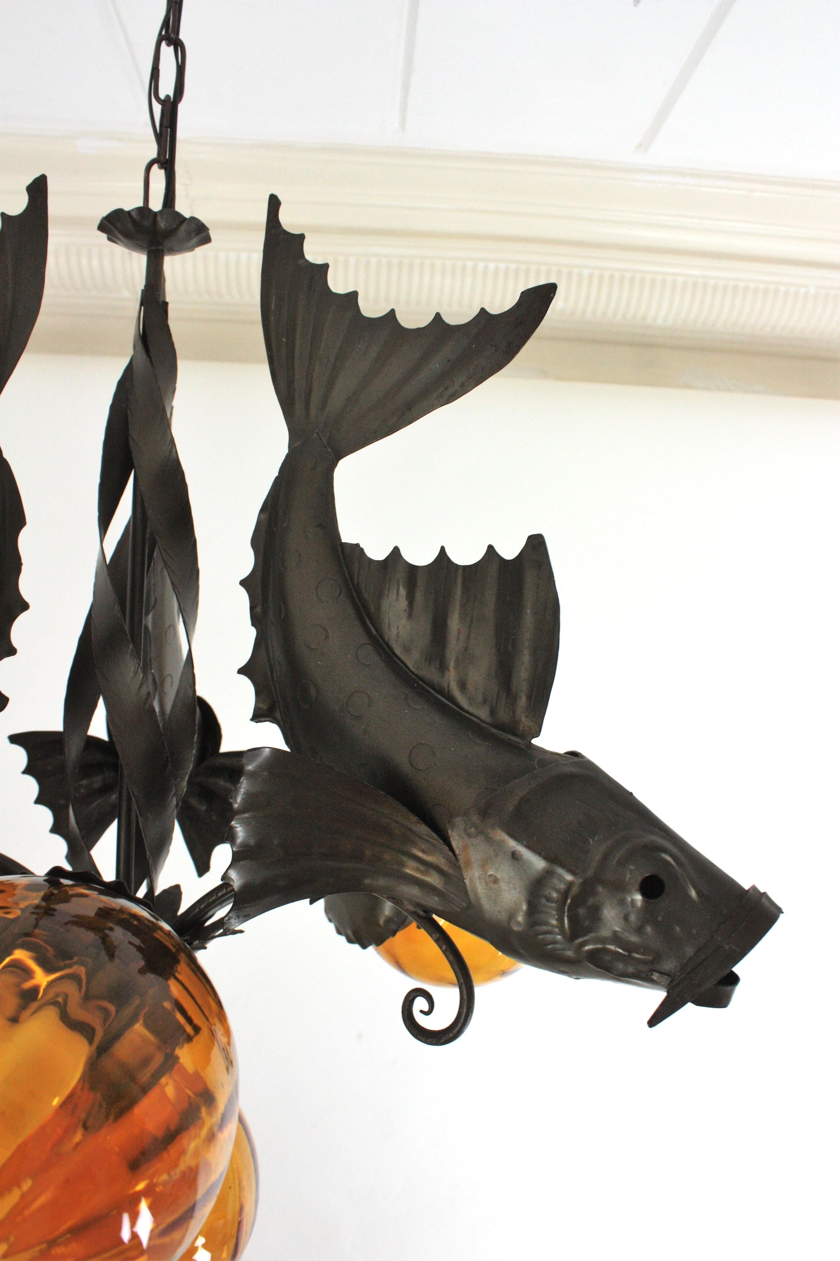 Spanish Wrought Iron and Amber Glass Chandelier, Fish Design For Sale 3