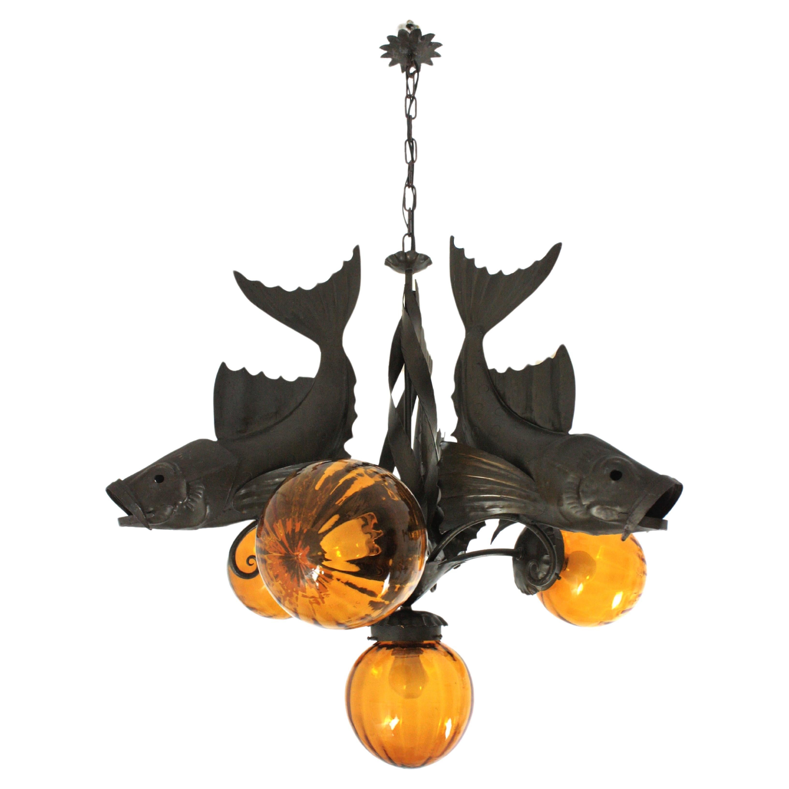 Spanish Wrought Iron and Amber Glass Chandelier, Fish Design