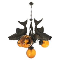 Spanish Iron Fish Chandelier with Amber Glass Globes