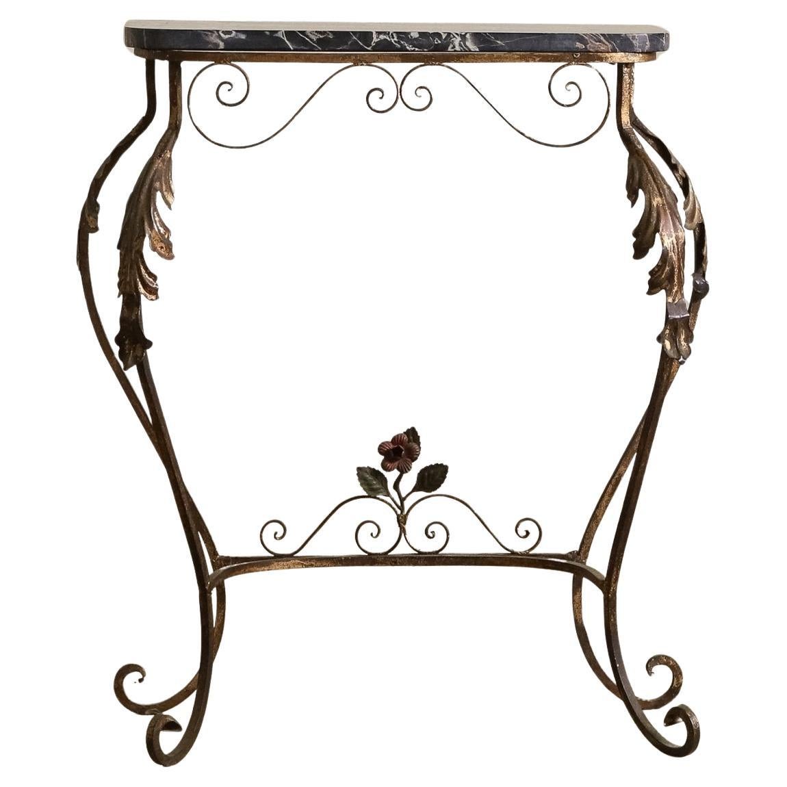 Table démilune espagnole en fer et marbre, années 1920
