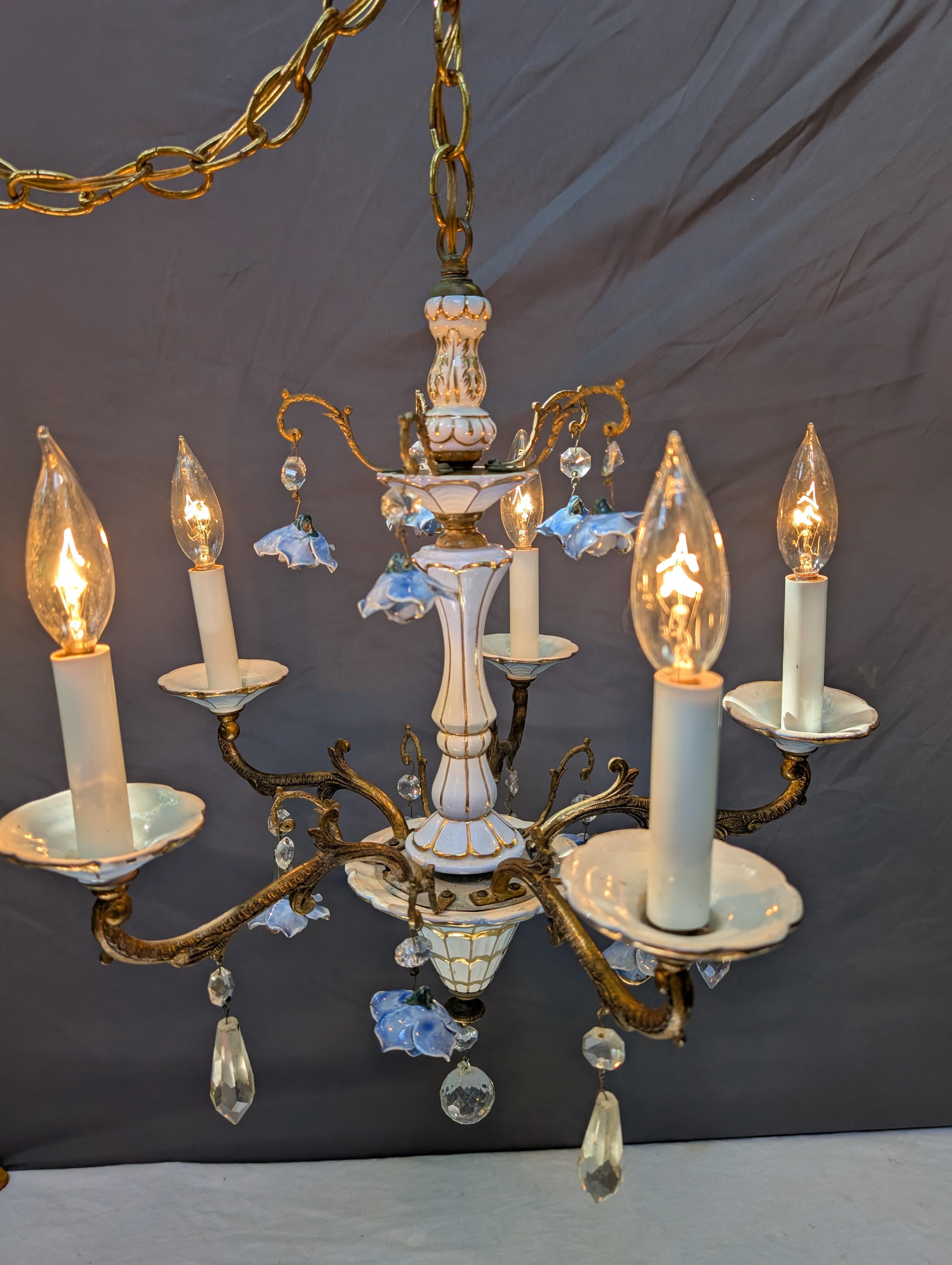 Brass Spanish-Italian Porcelain Chandlier For Sale