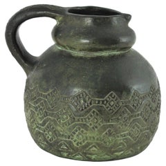 Spanish Jug Vase in Green Terracotta with Geometric Engraved Patterns, c. 1950