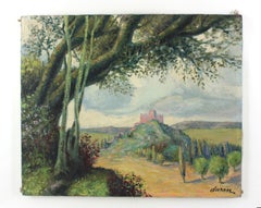 Spanish La Roca Castle Landscape Painting, Oil on Canvas