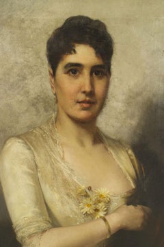 19th Century Spanish Lady in White Portrait, Victorian Oil Painting