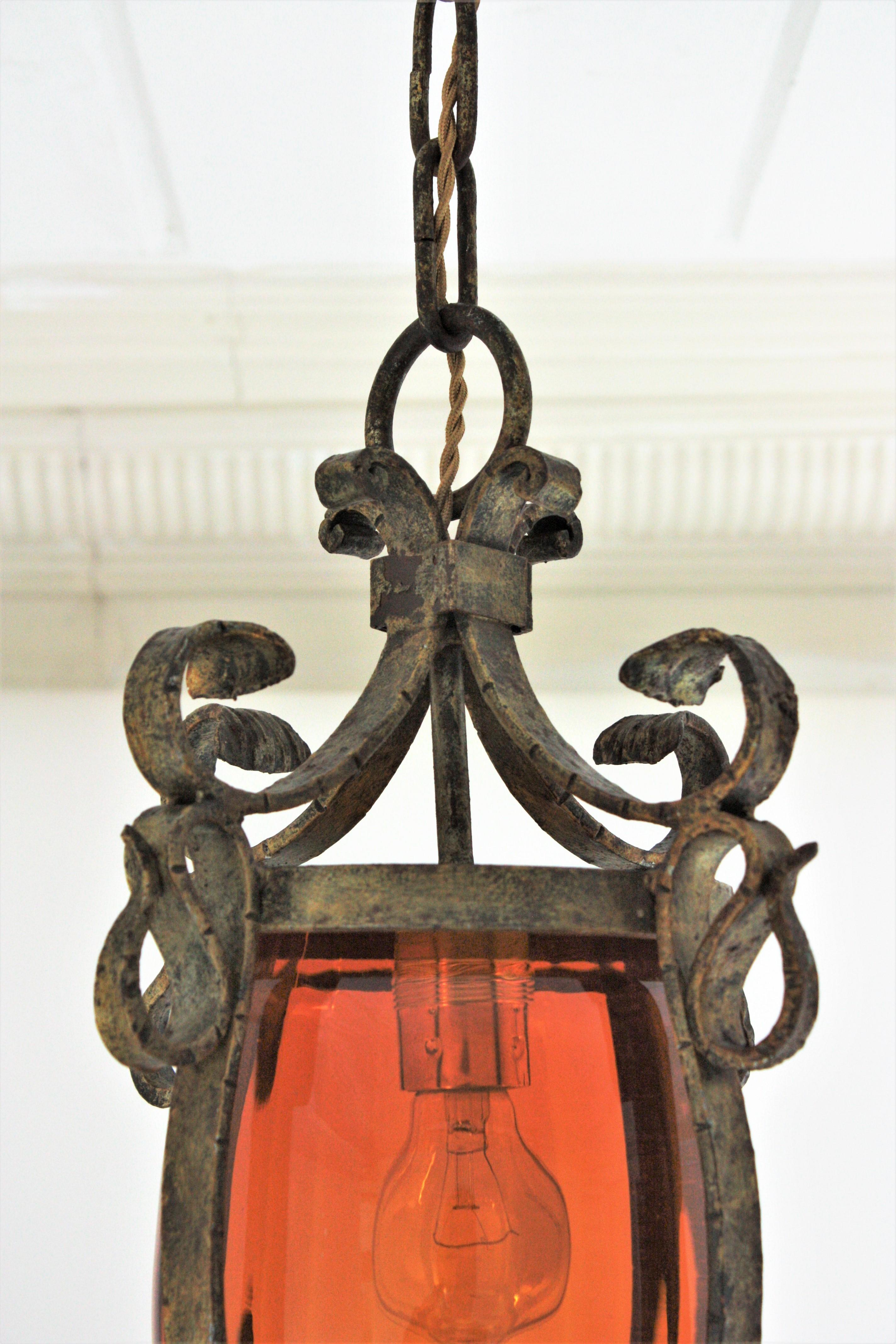 Spanish Wrought Lantern or Pendant Lamp, Gilt Iron and Amber Glass, 1940s For Sale 5