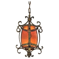 Spanish Wrought Lantern or Pendant in Gilt Iron and Amber Glass, 1940s