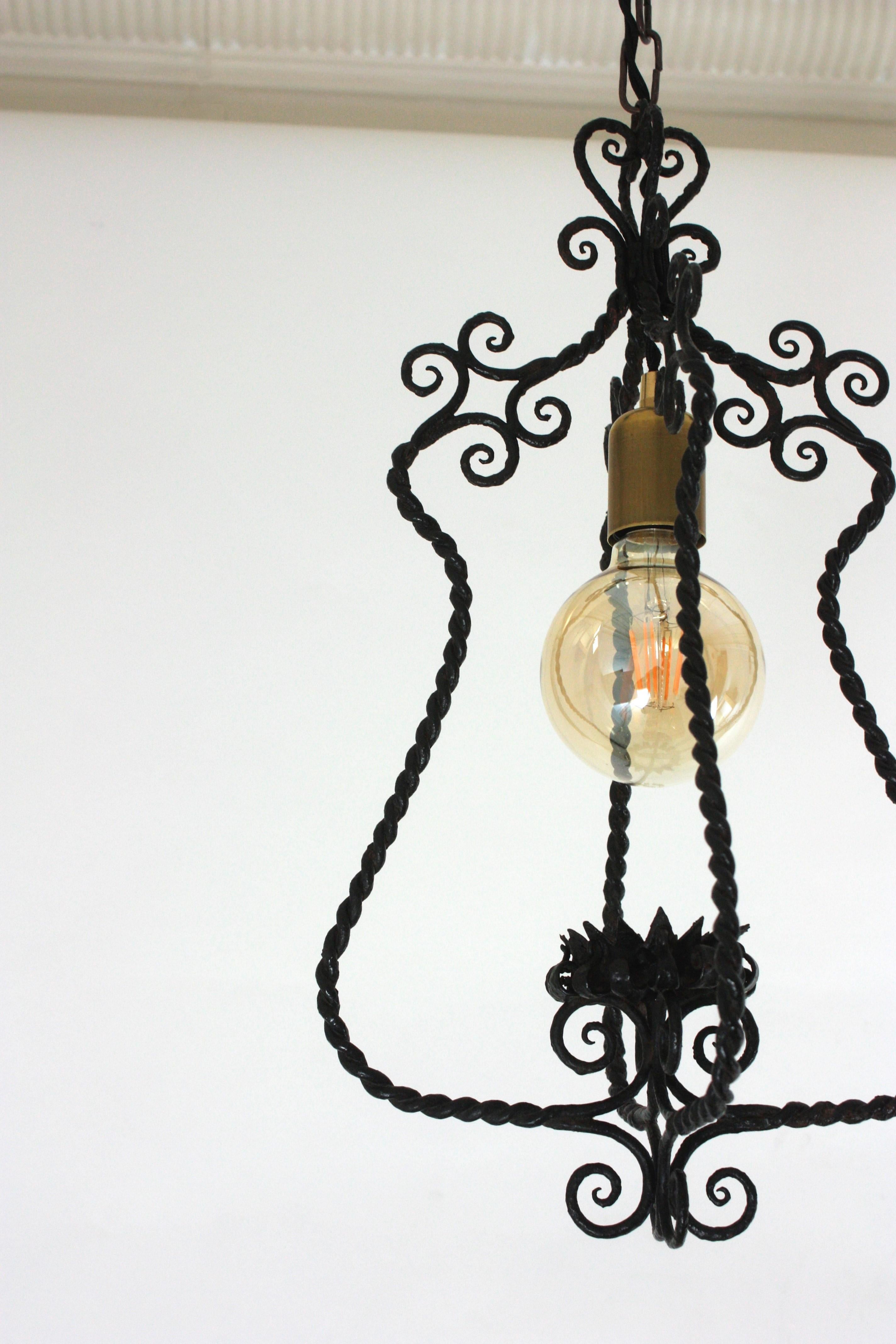 Spanish Lantern Pendant Lamp in Wrought Iron, Scroll Twisting Design, 1940s For Sale 4